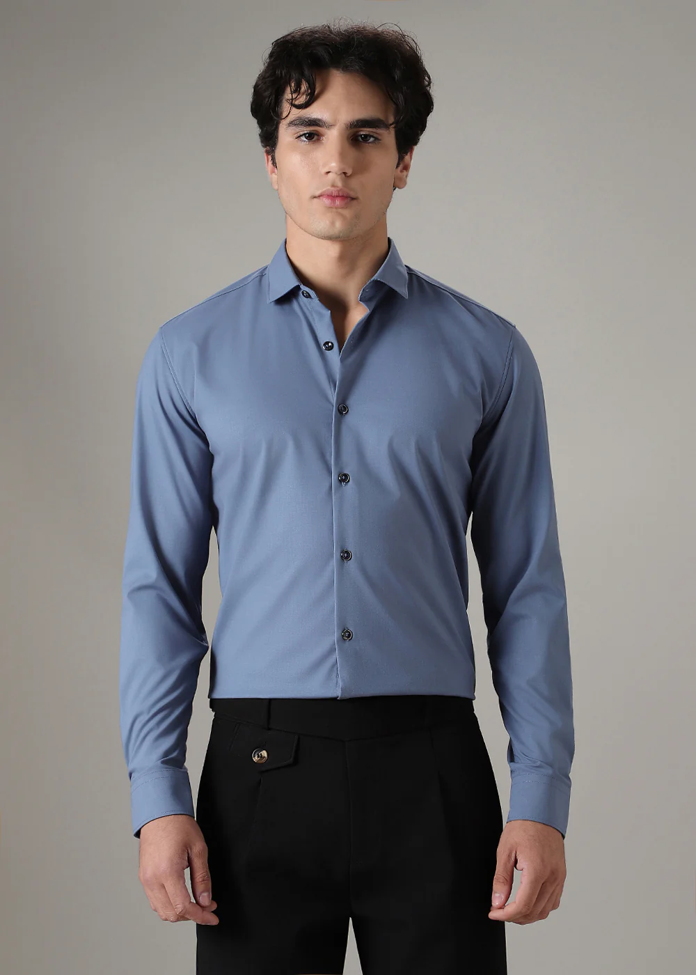 Koi Blue Plain Wrinkle Free Shirt - Image 3