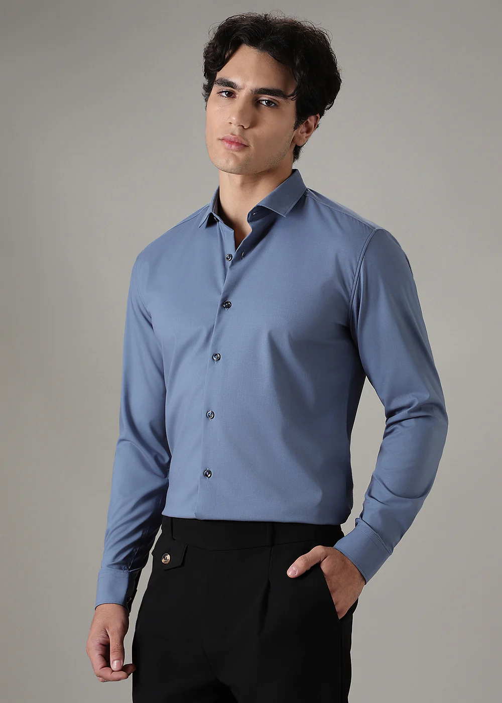 Koi Blue Plain Wrinkle Free Shirt - Image 5