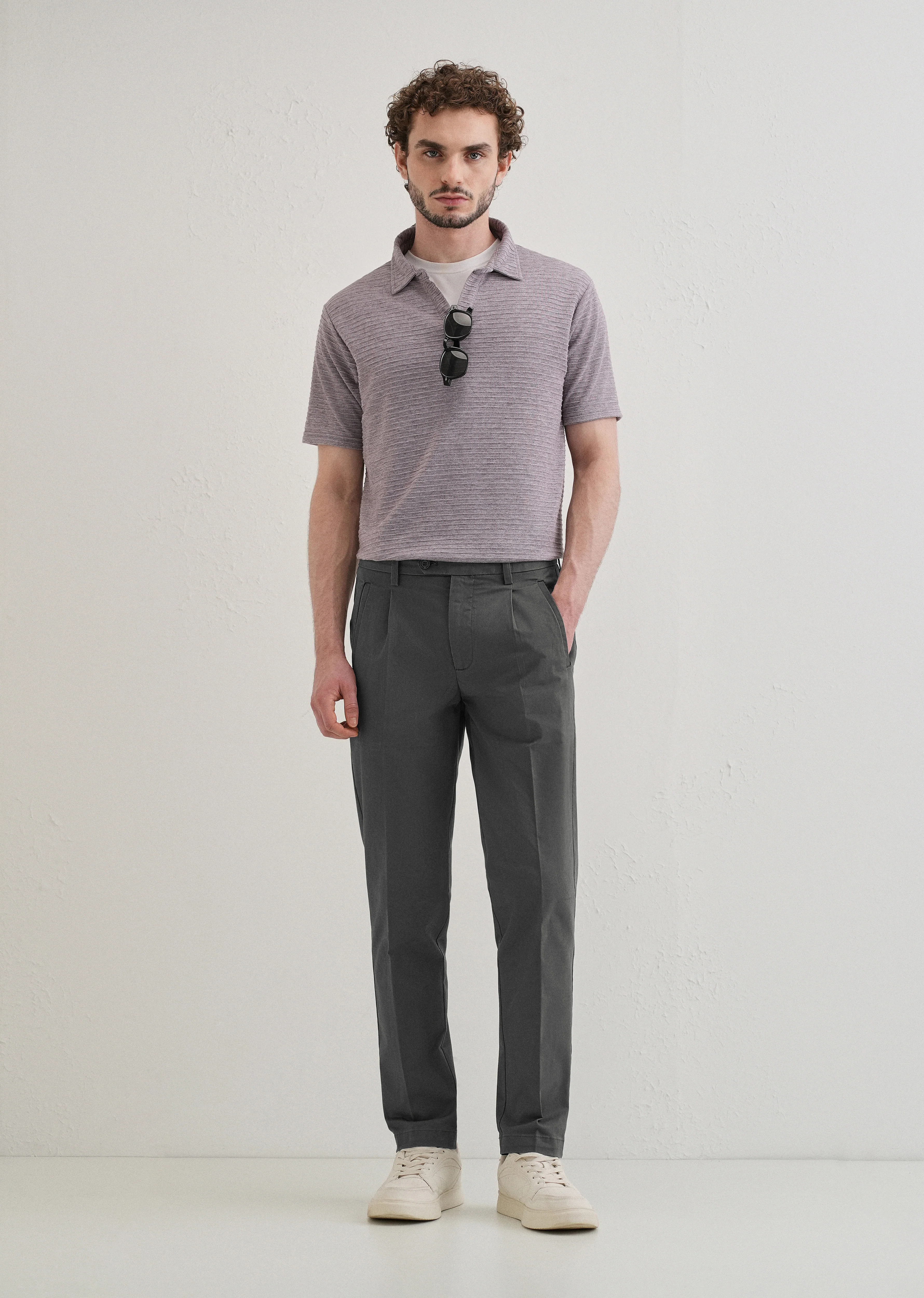 Lava Gray Plain Pleated Chinos - Image 6
