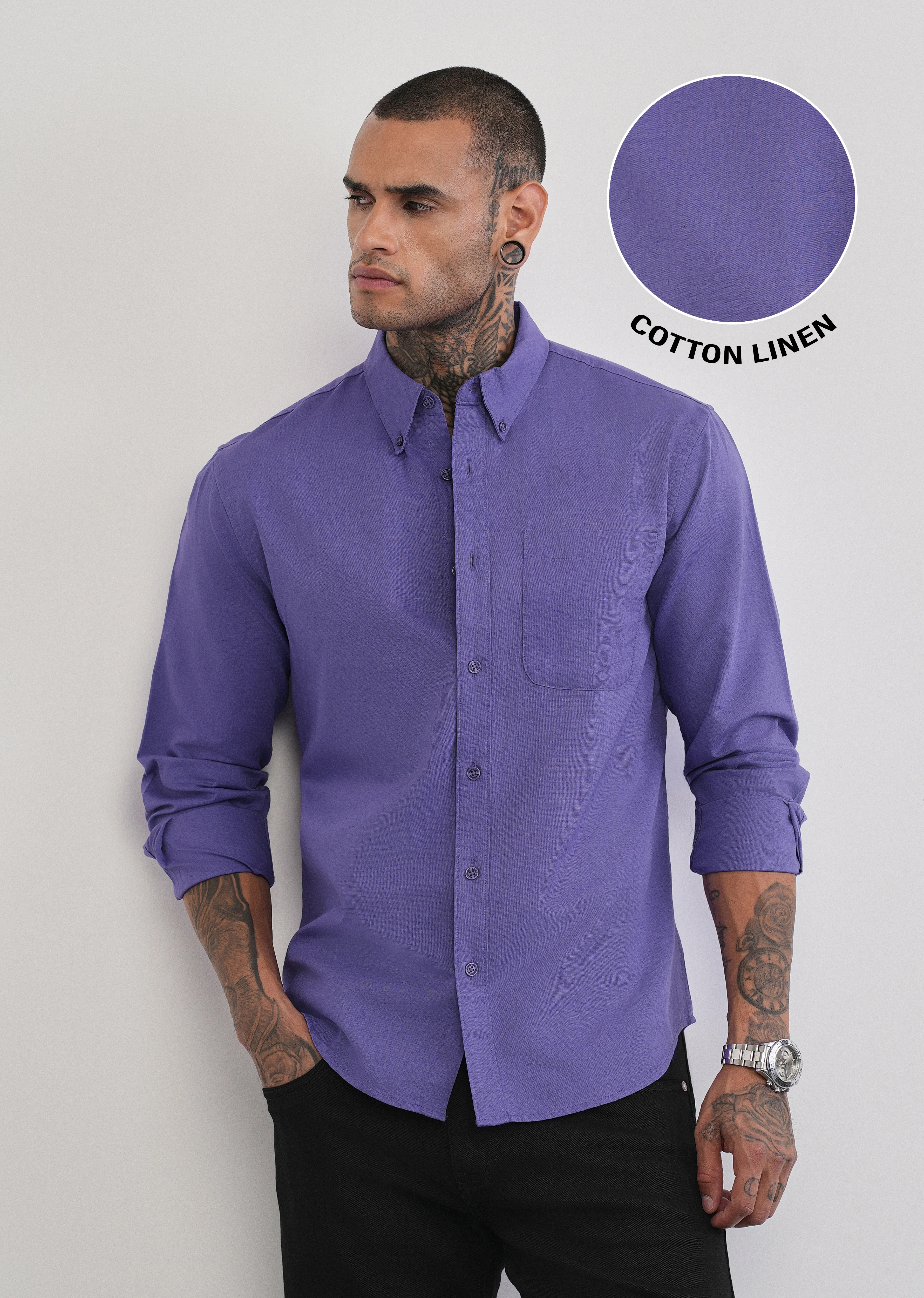 Lavender Cotton Linen Plain Shirt - Image 7