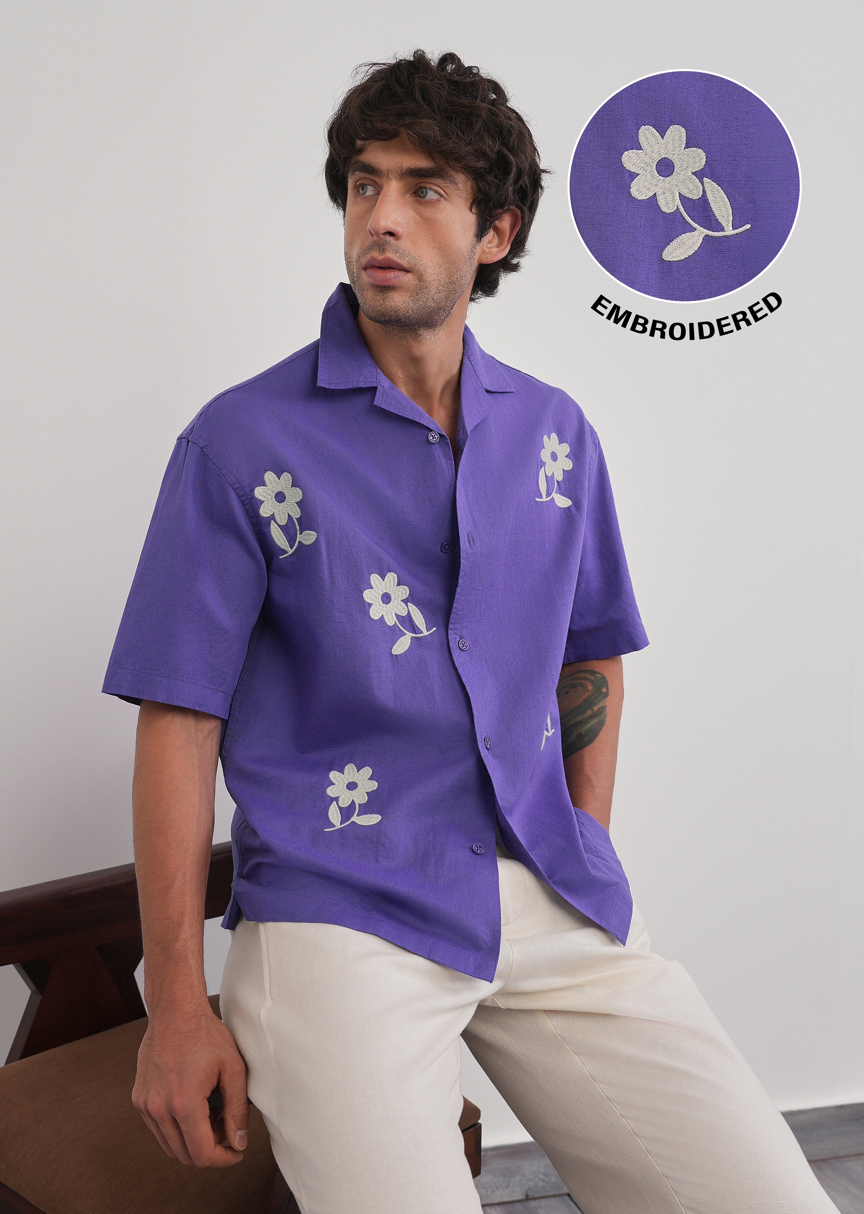 Lavender Floral Placement Embroidered Shirt - Image 2
