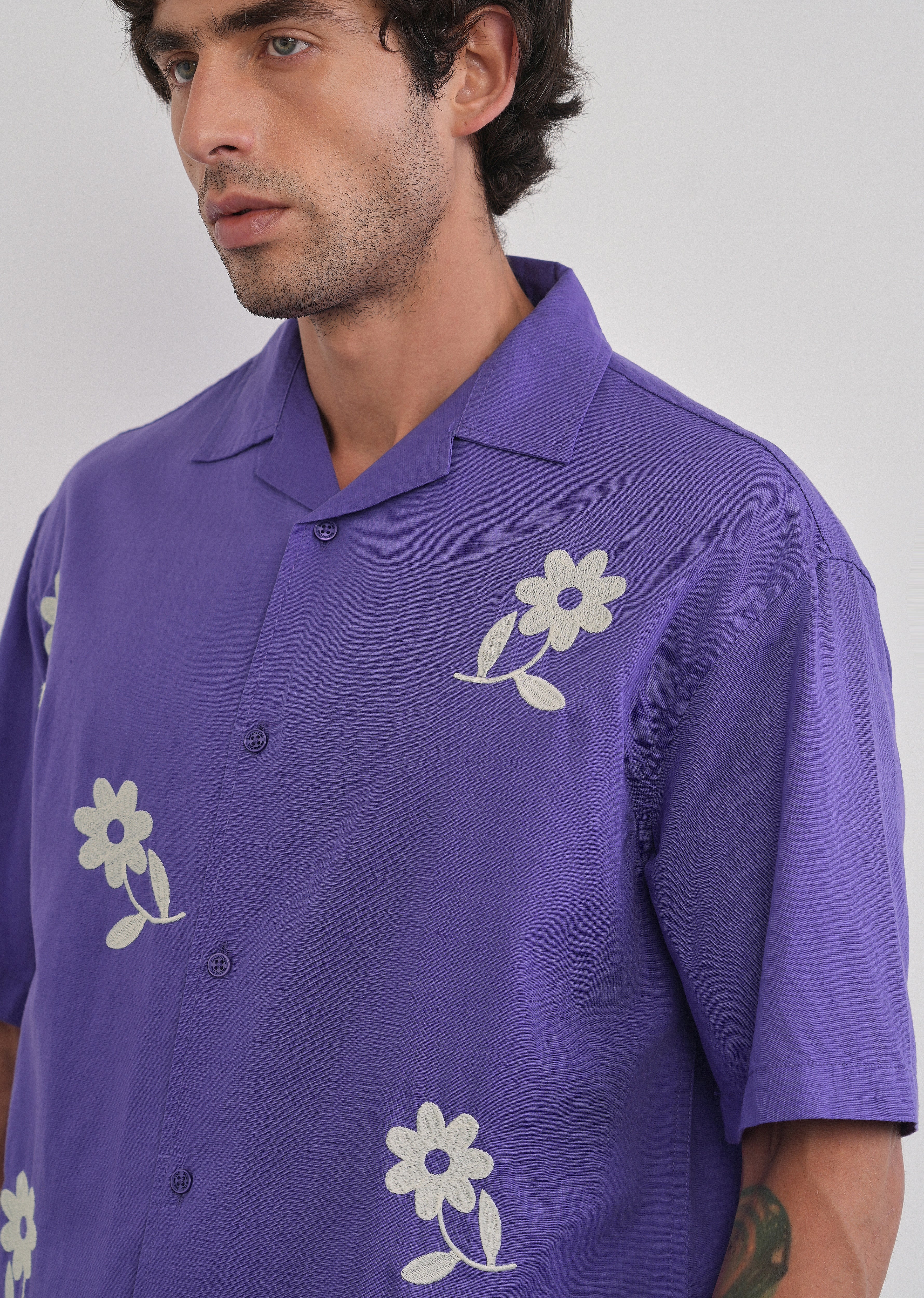 Lavender Floral Placement Embroidered Shirt - Image 7
