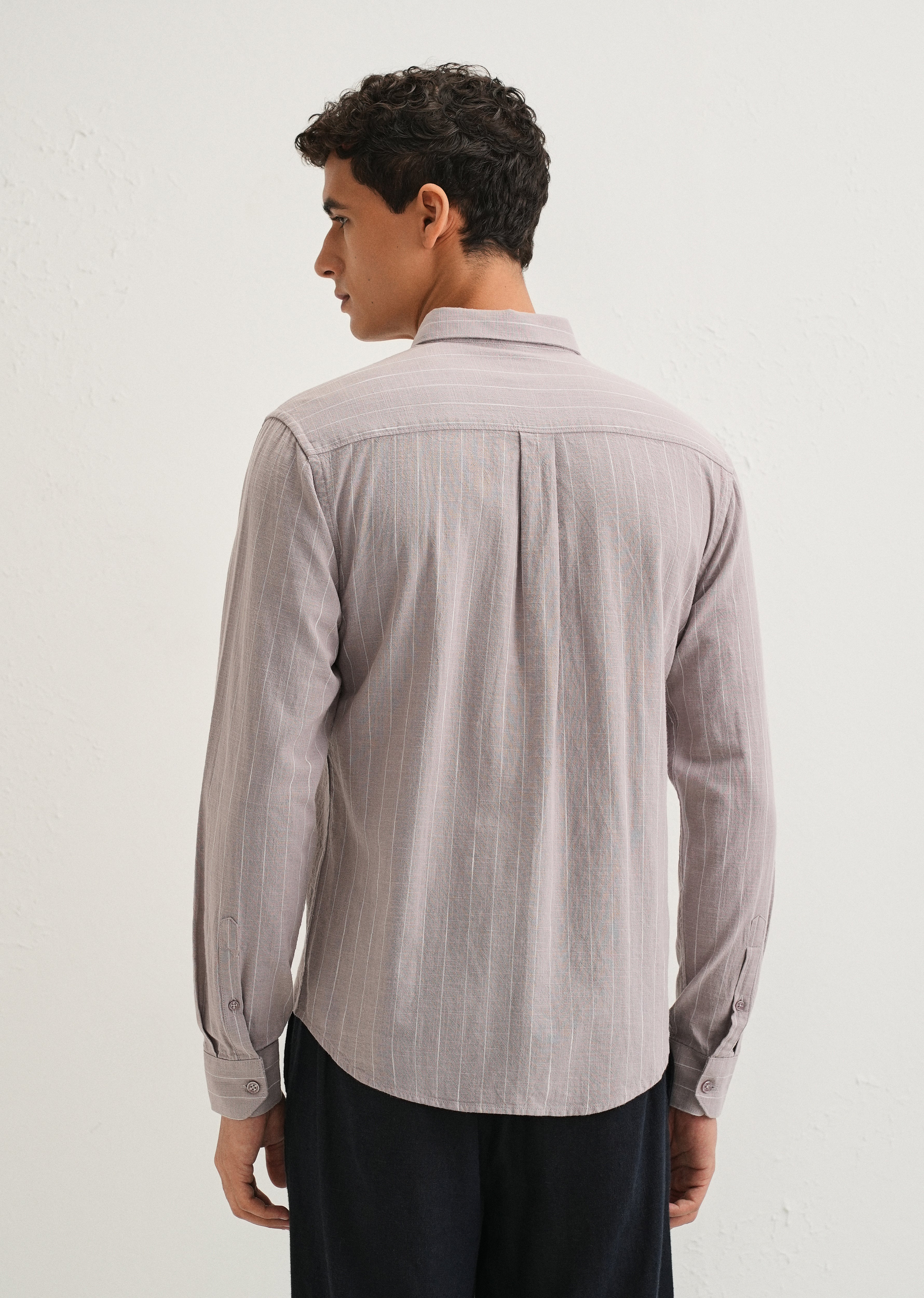 Lavender Gray Striped Cotton Linen Shirt - Image 2