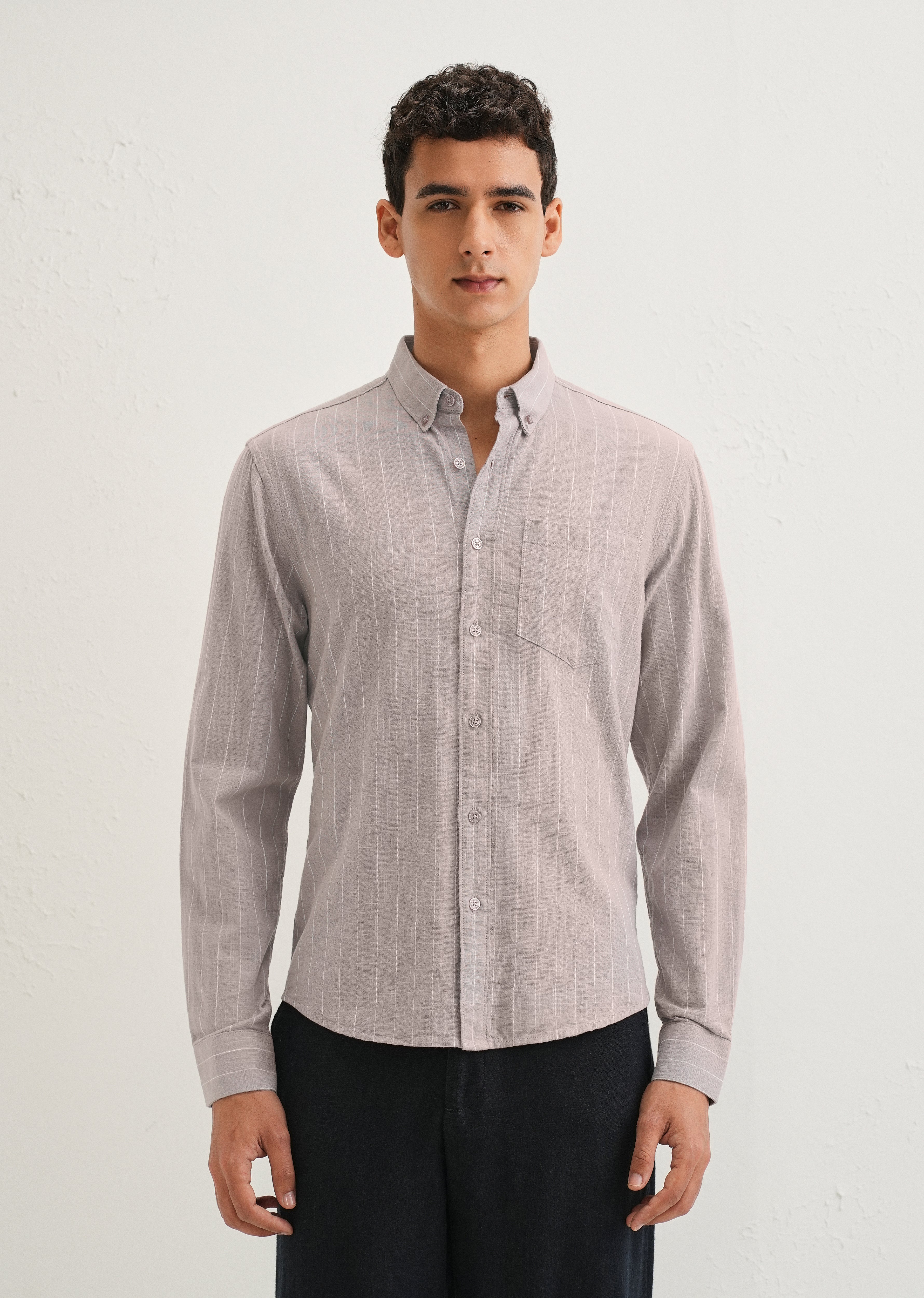 Lavender Gray Striped Cotton Linen Shirt - Image 3