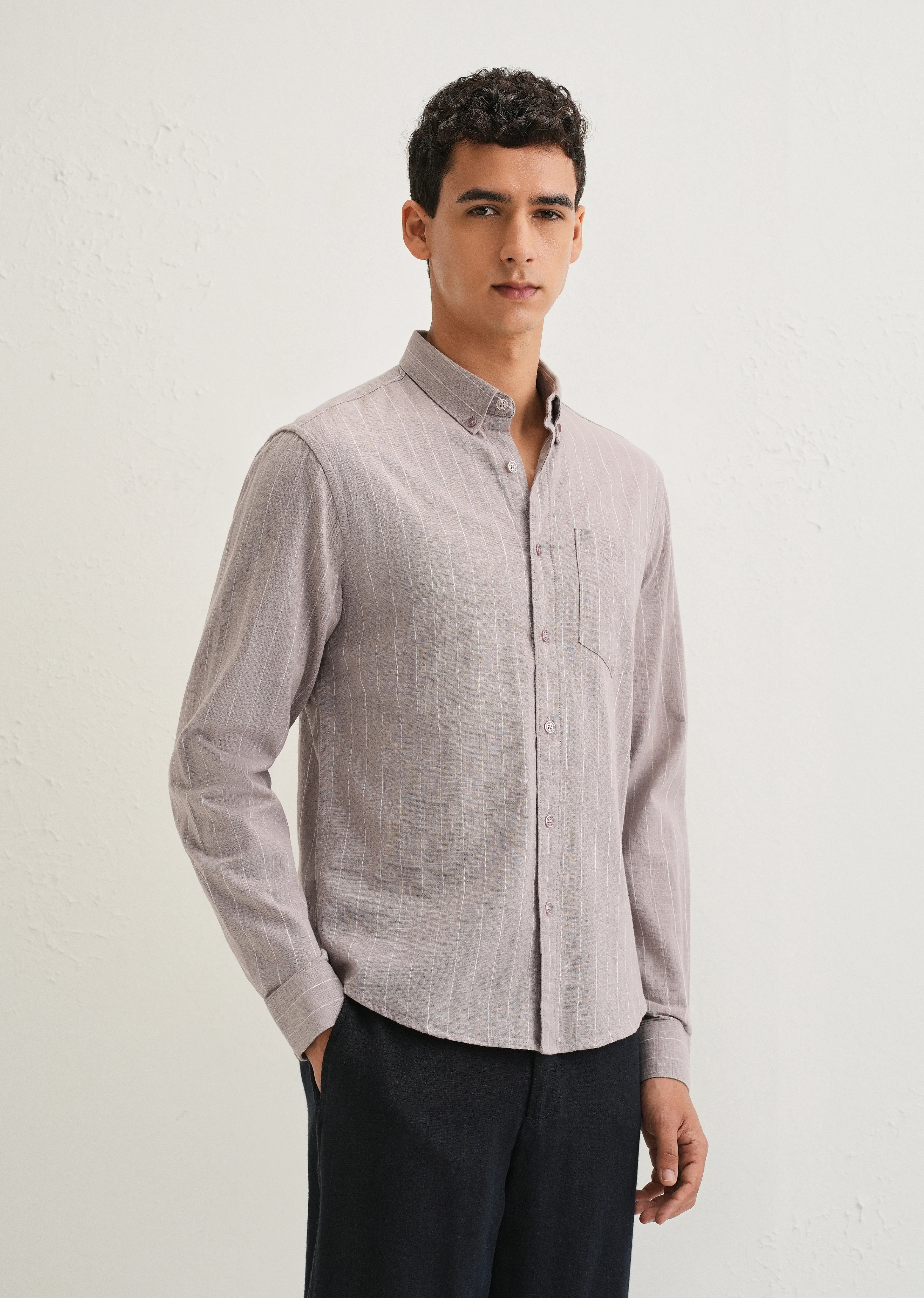 Lavender Gray Striped Cotton Linen Shirt - Image 4