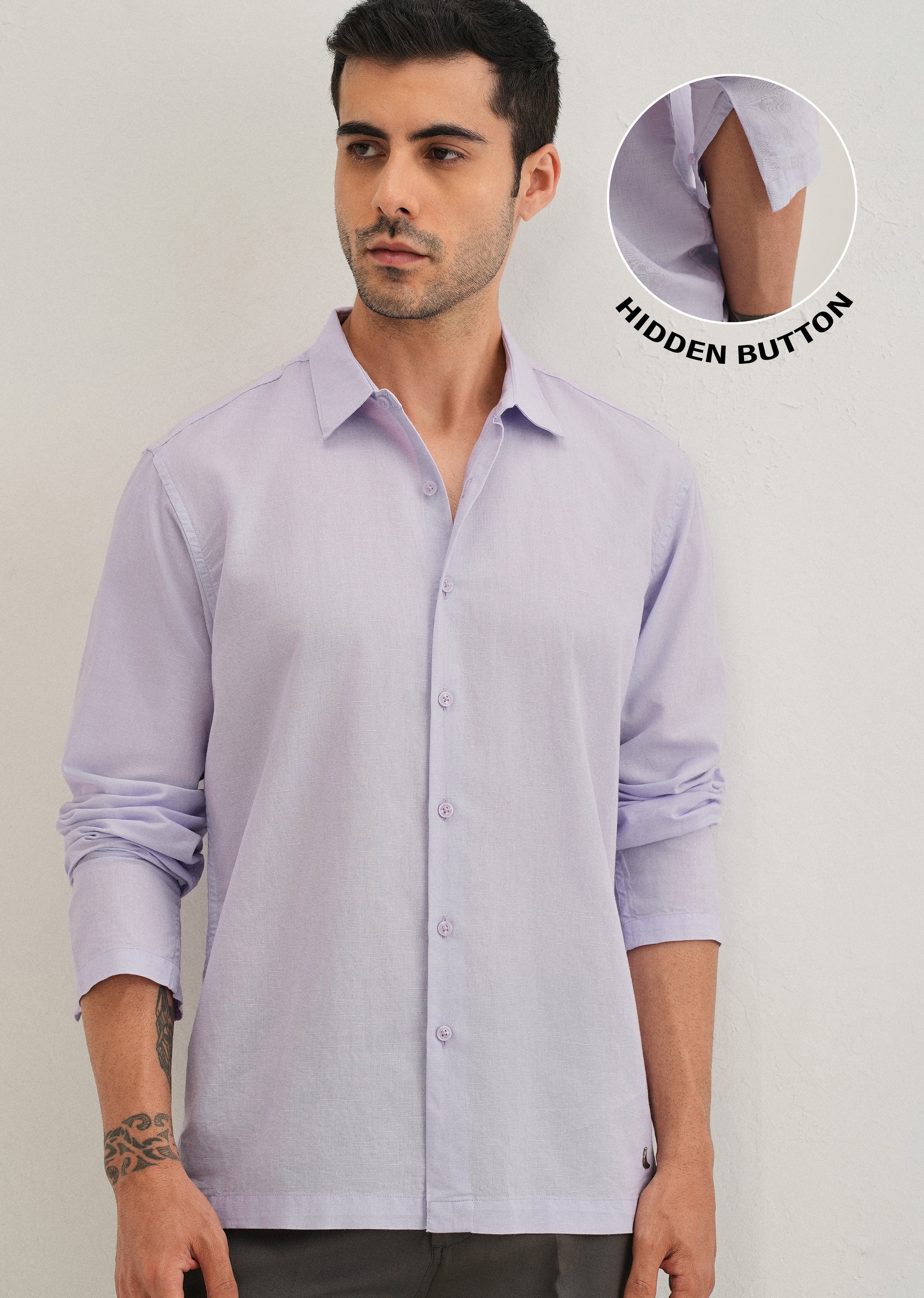 Lavender Hidden Sleeve Placket Cotton Linen Shirt - Image 9