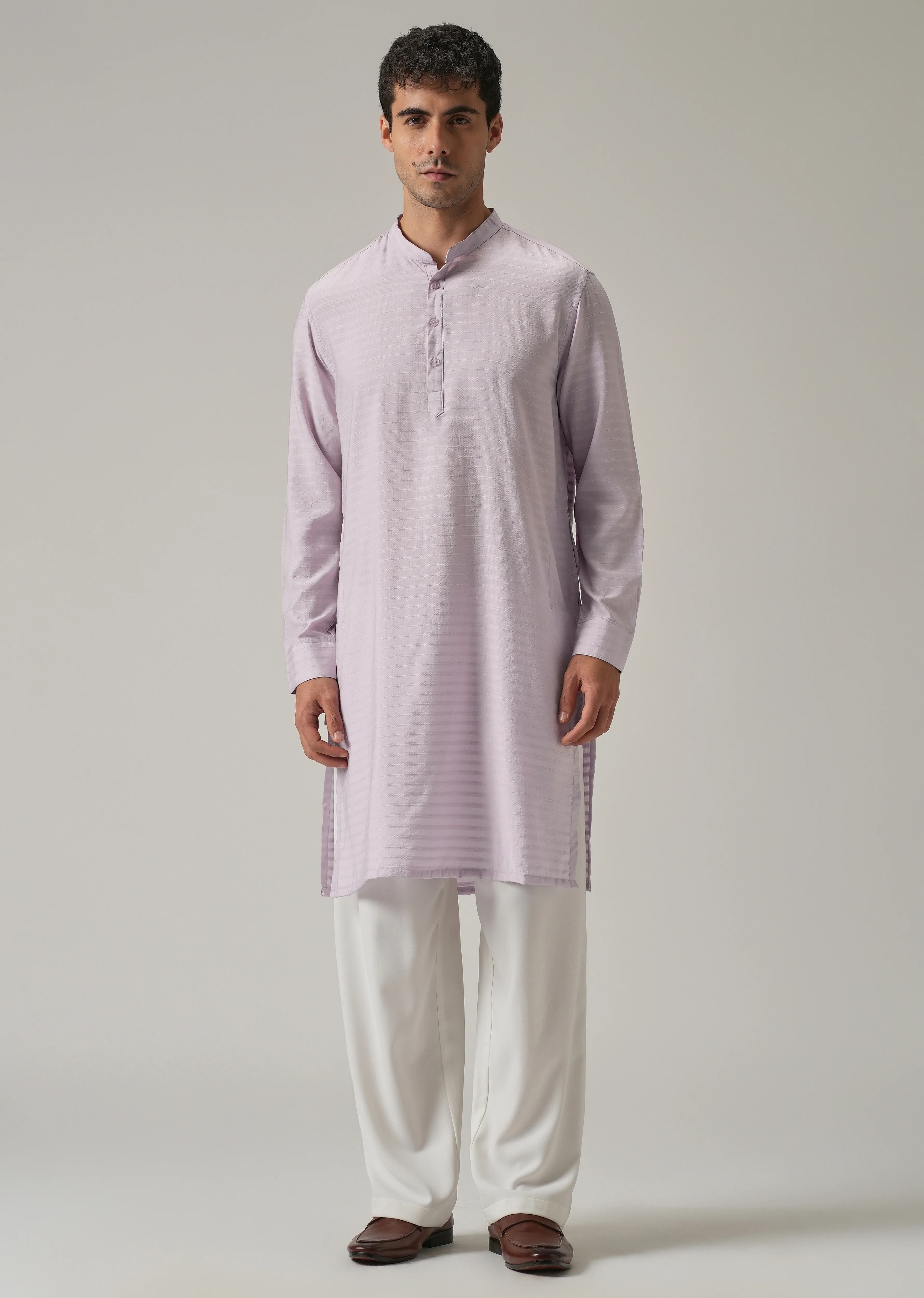 Lavender Nylon Self Stripe Kurta - Image 3