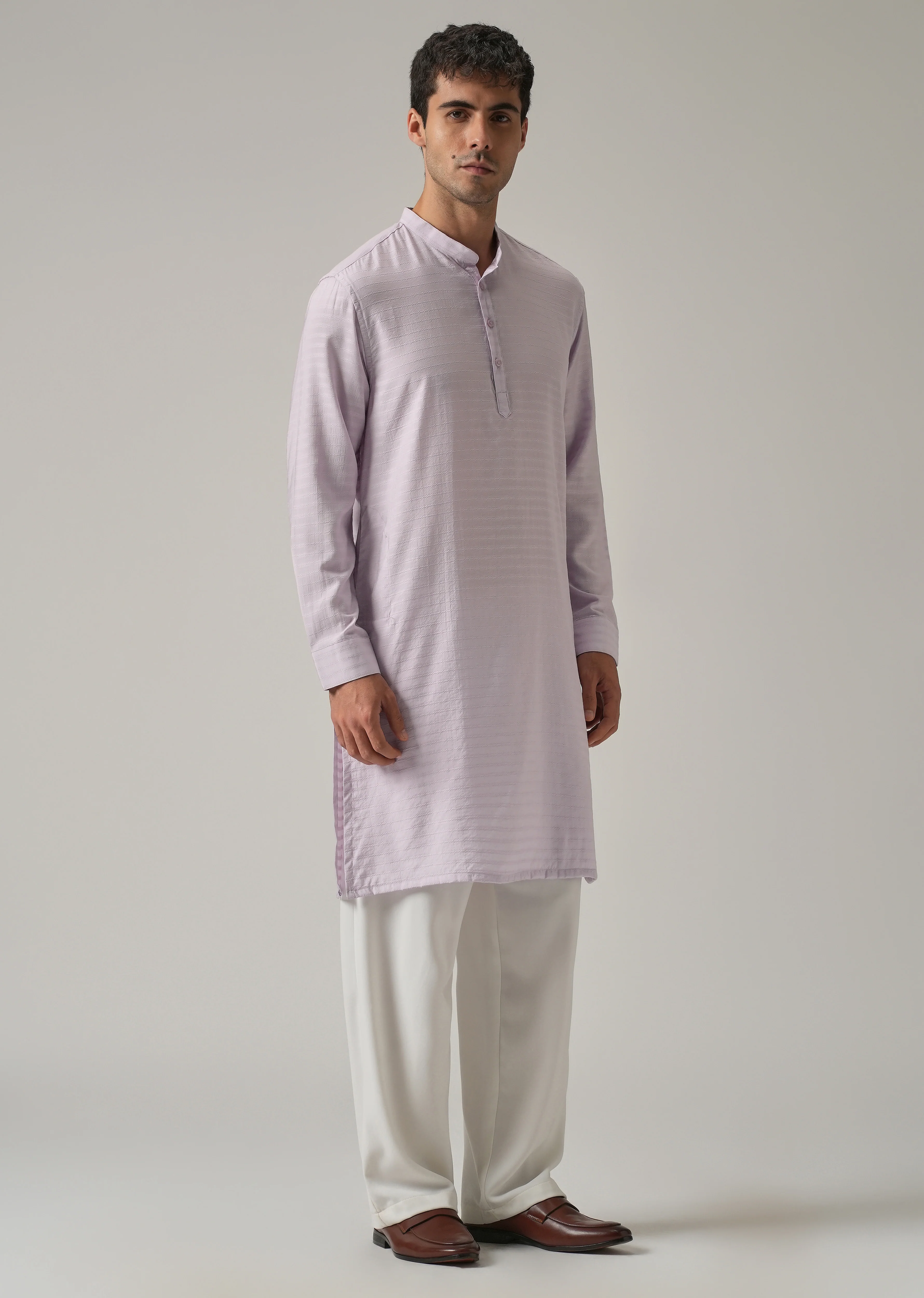 Lavender Nylon Self Stripe Kurta - Image 4