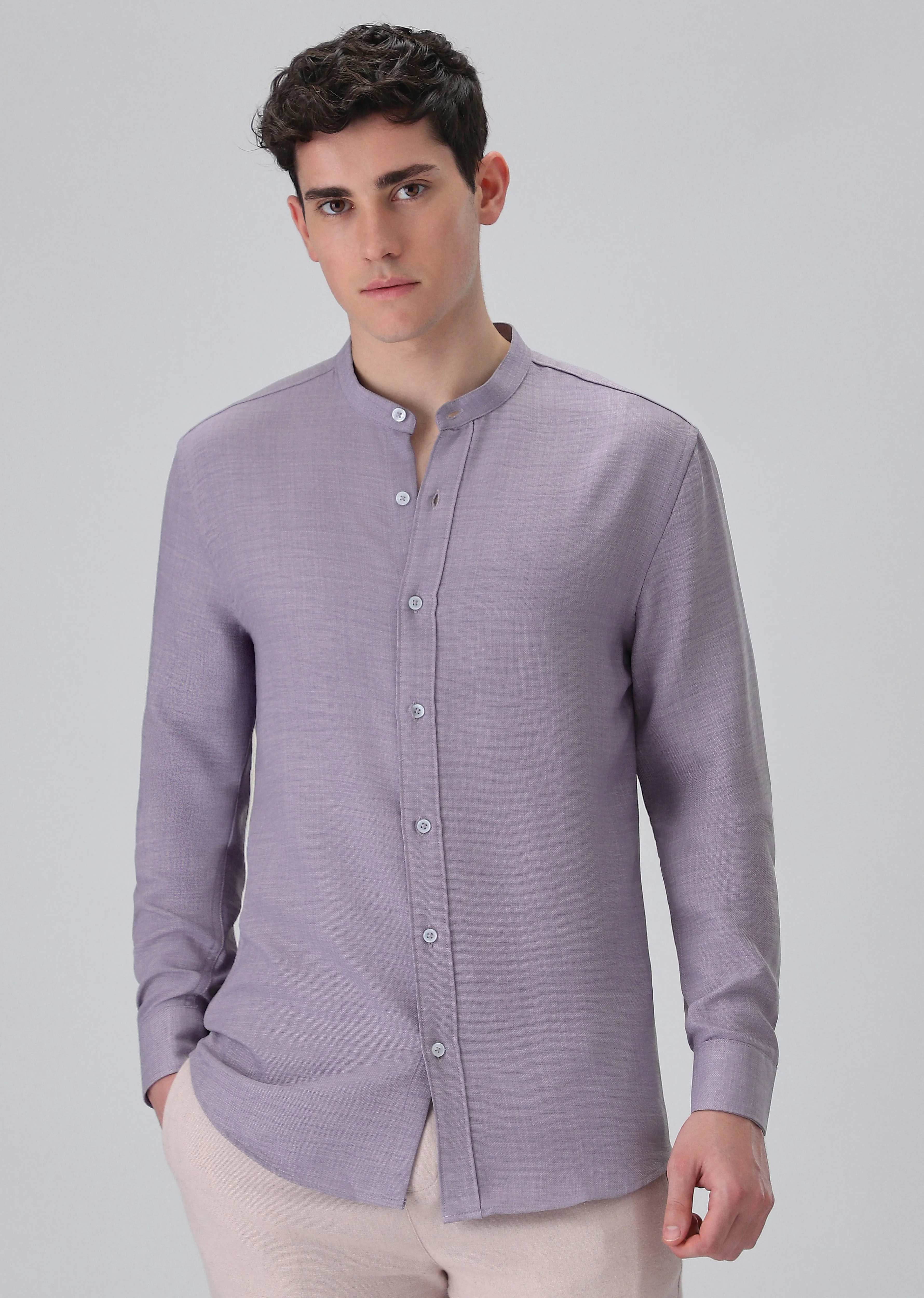 Lavender Plain Mandarin Collar Shirt - Image 3