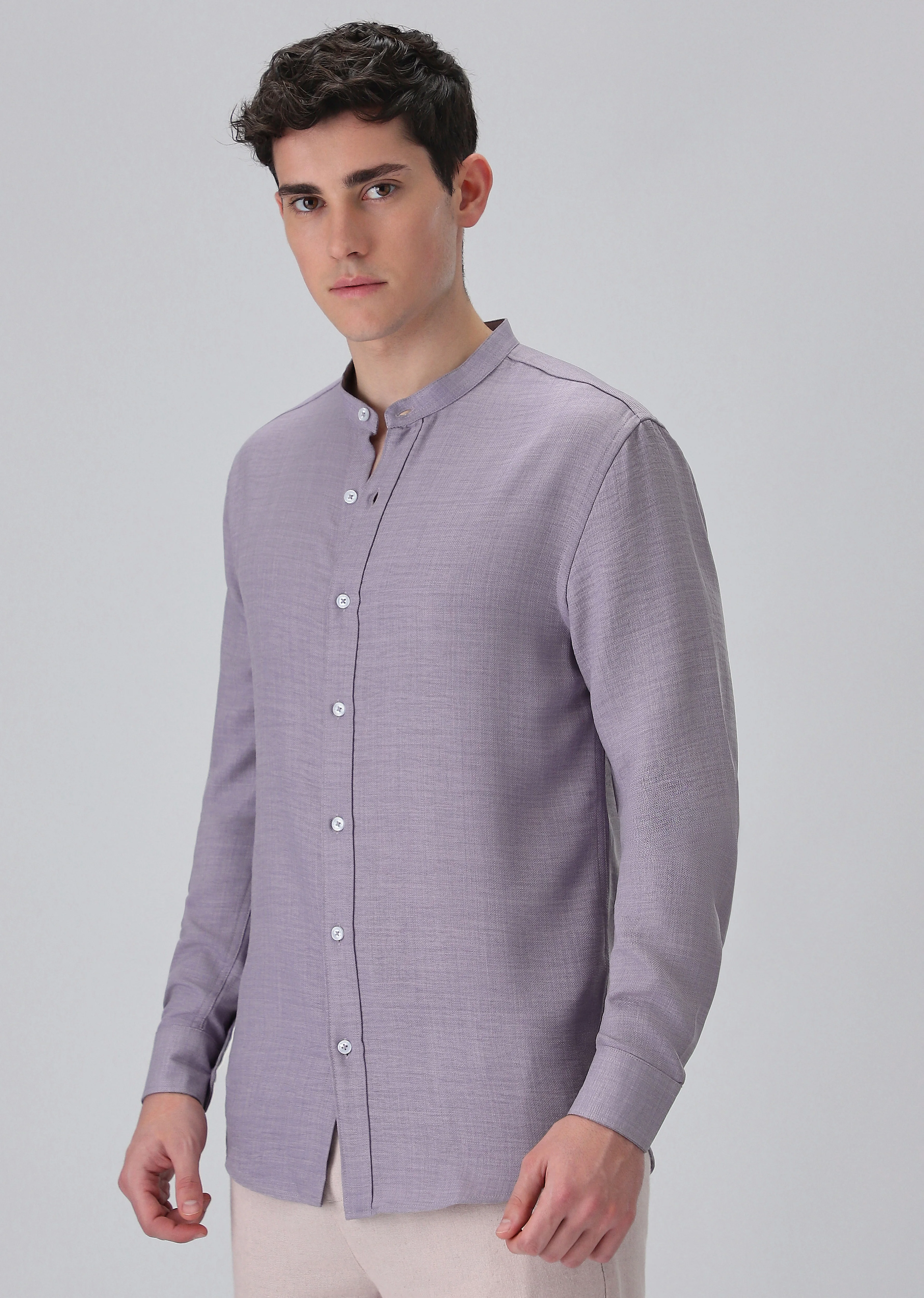 Lavender Plain Mandarin Collar Shirt - Image 4