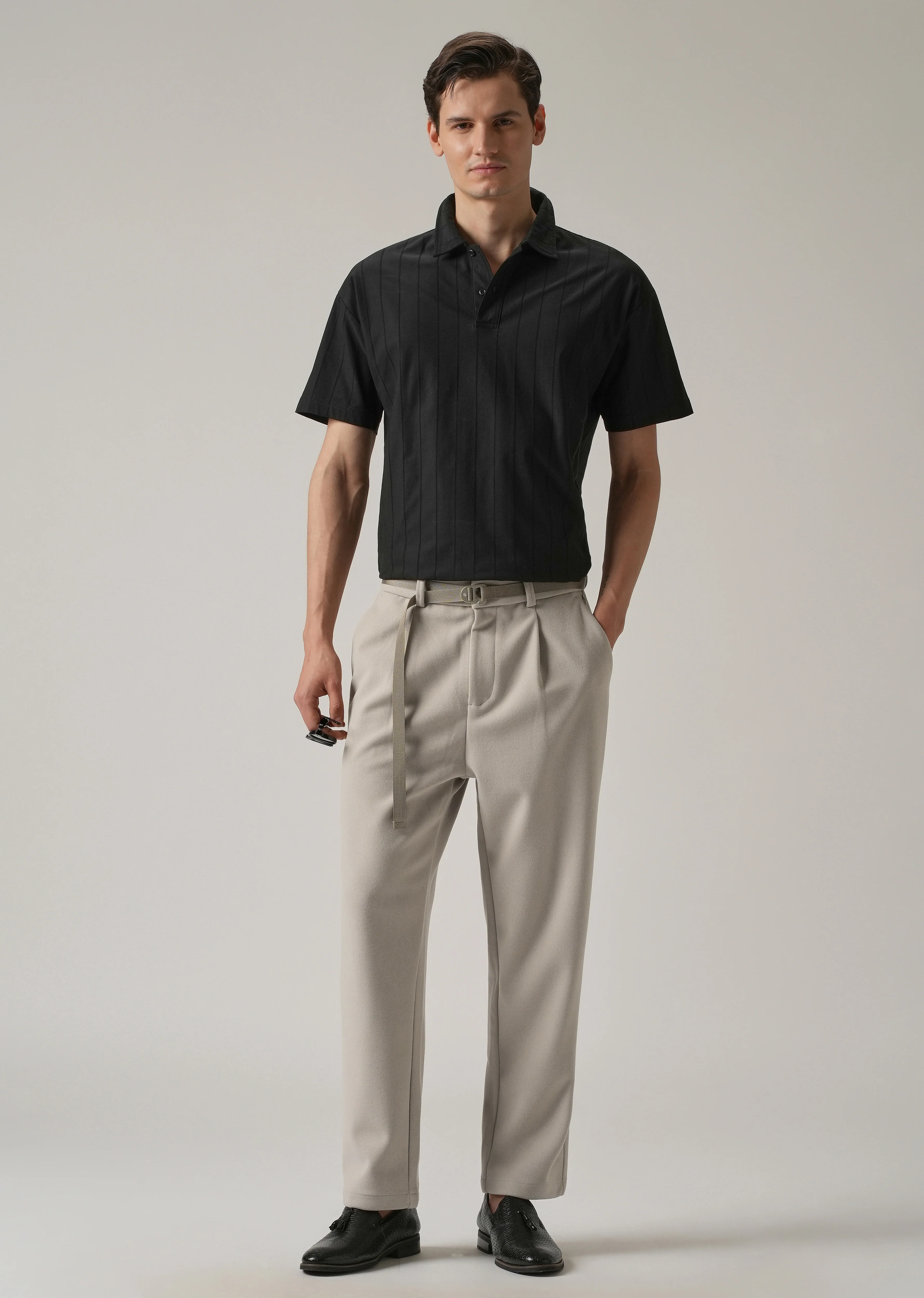 Light Beige Relaxed Fit Textured Pleated Pant - Image 6