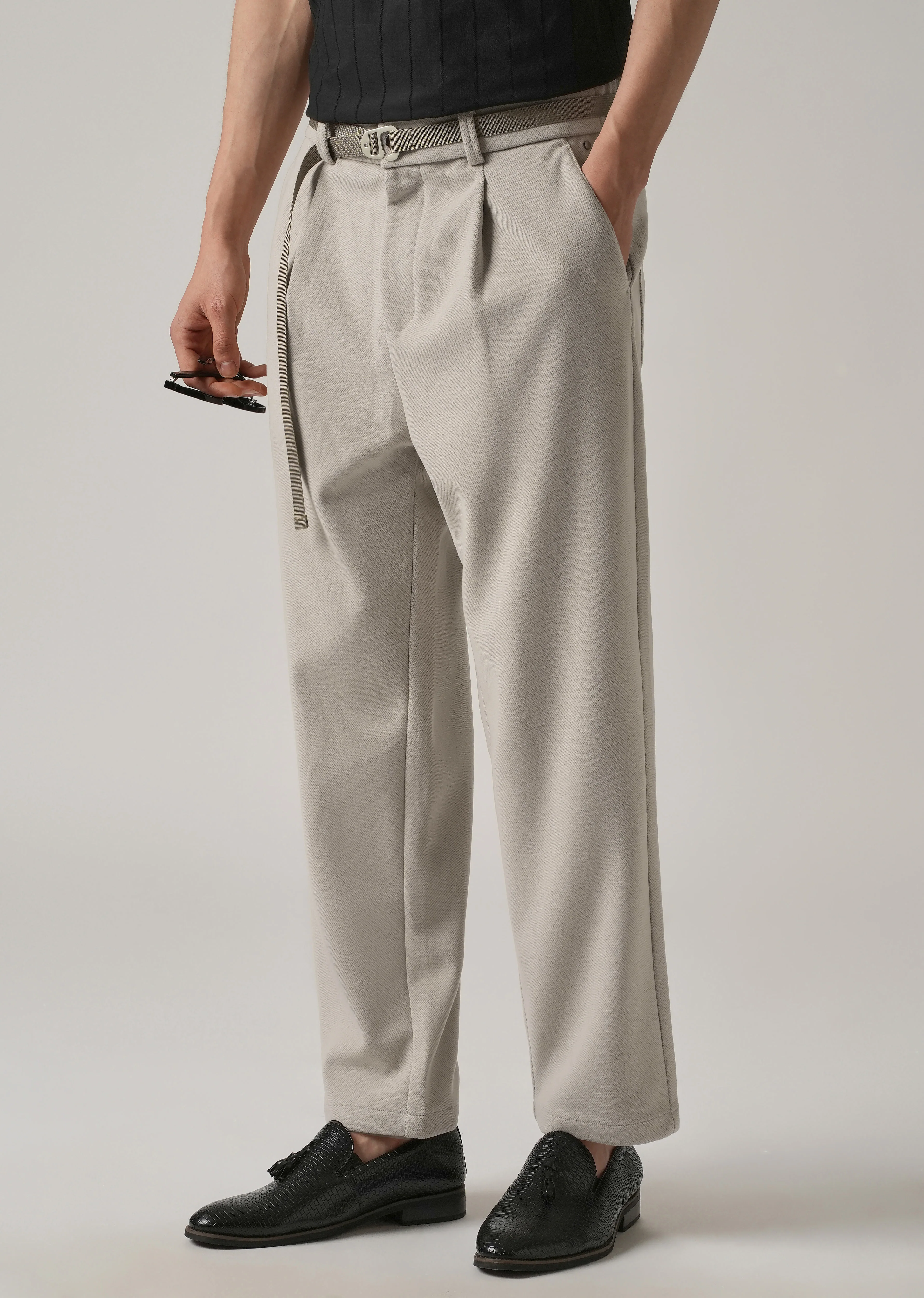 Light Beige Relaxed Fit Textured Pleated Pant - Image 7
