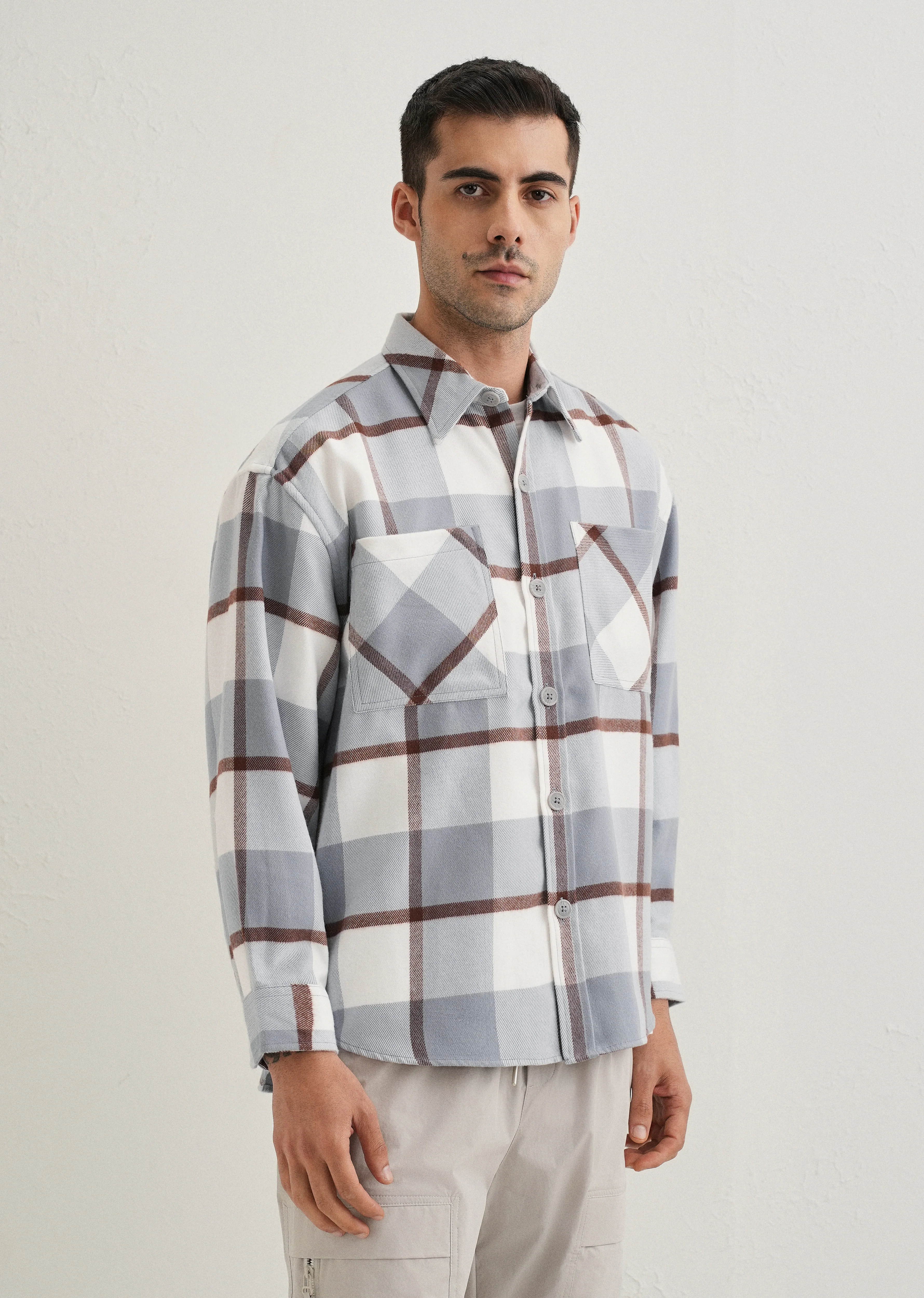 Light Blue Checked Relaxed Fit Shacket - Image 4