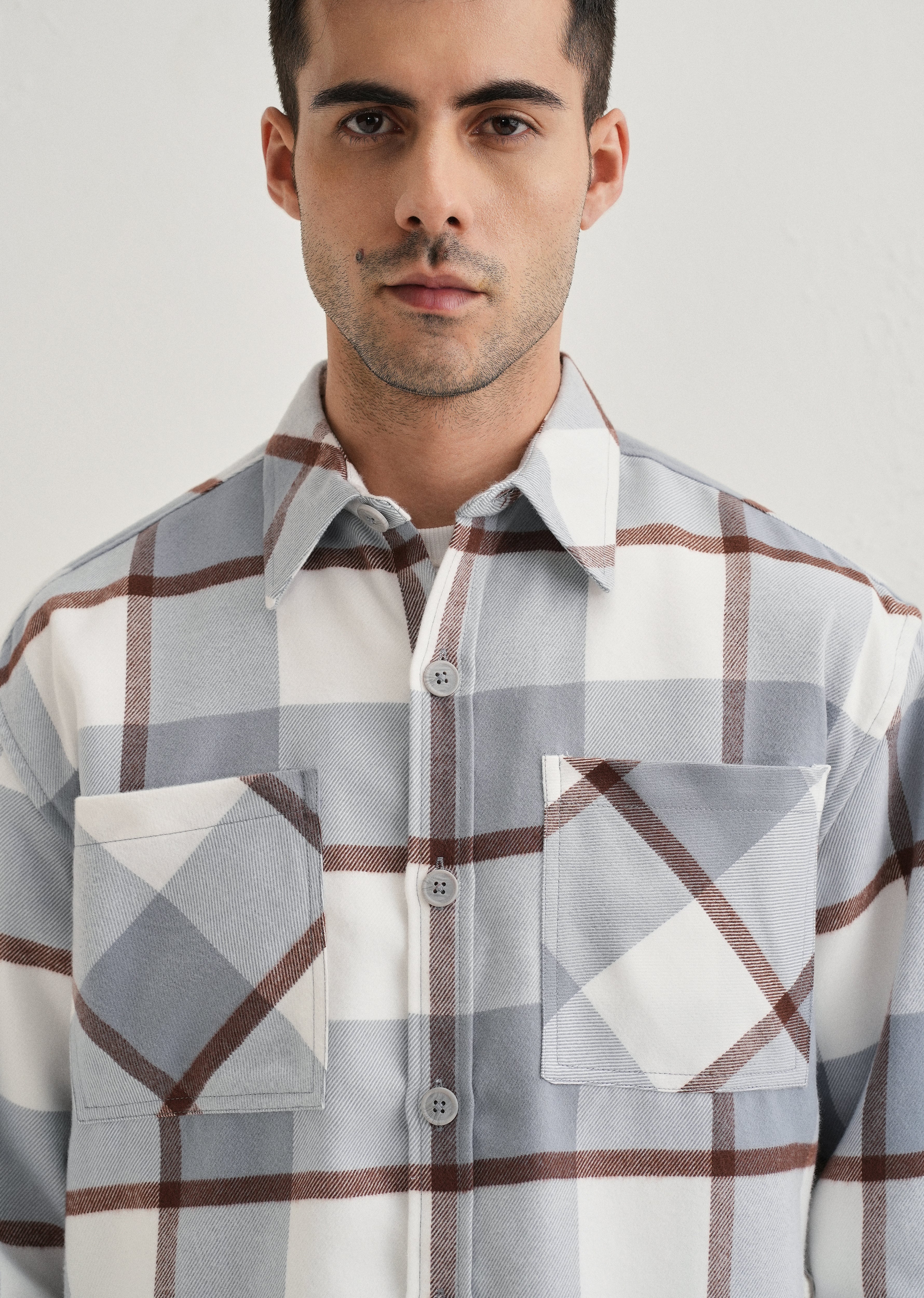 Light Blue Checked Relaxed Fit Shacket - Image 5