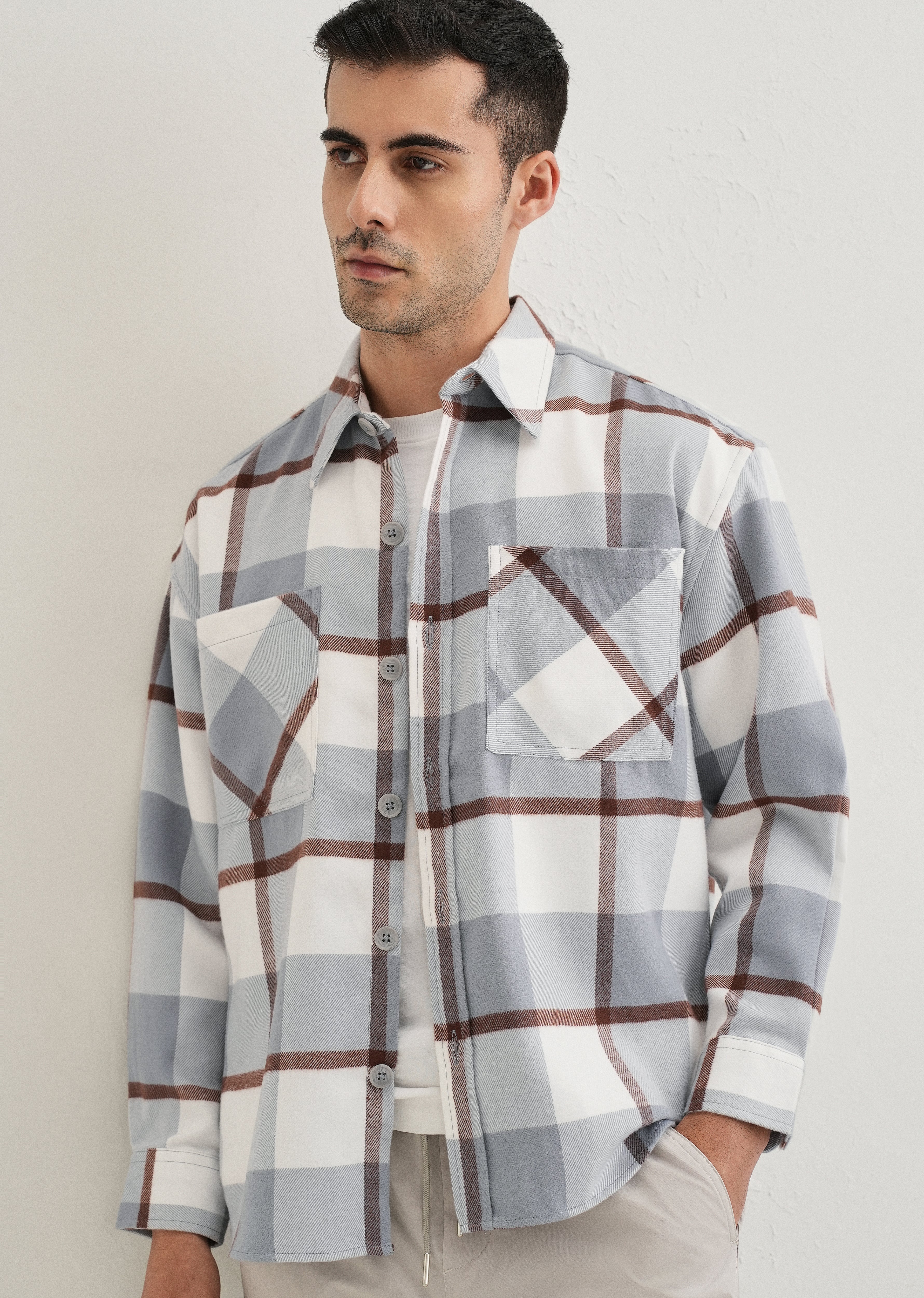 Light Blue Checked Relaxed Fit Shacket - Image 7