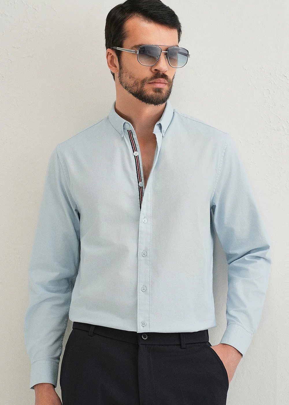 Light Blue Contrast Placket Shirt - Image 8