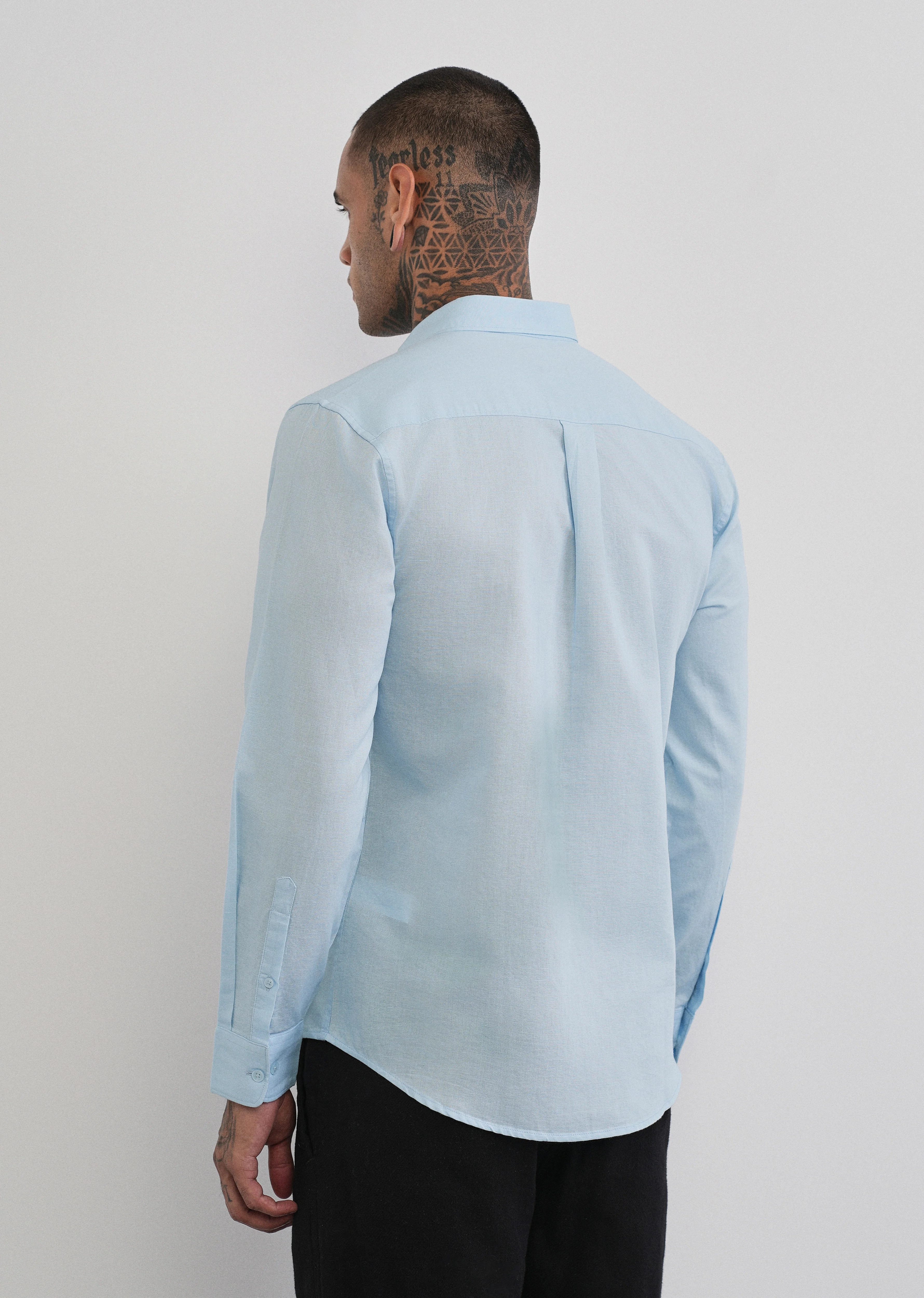 Light Blue Cotton Linen Plain Shirt - Image 2