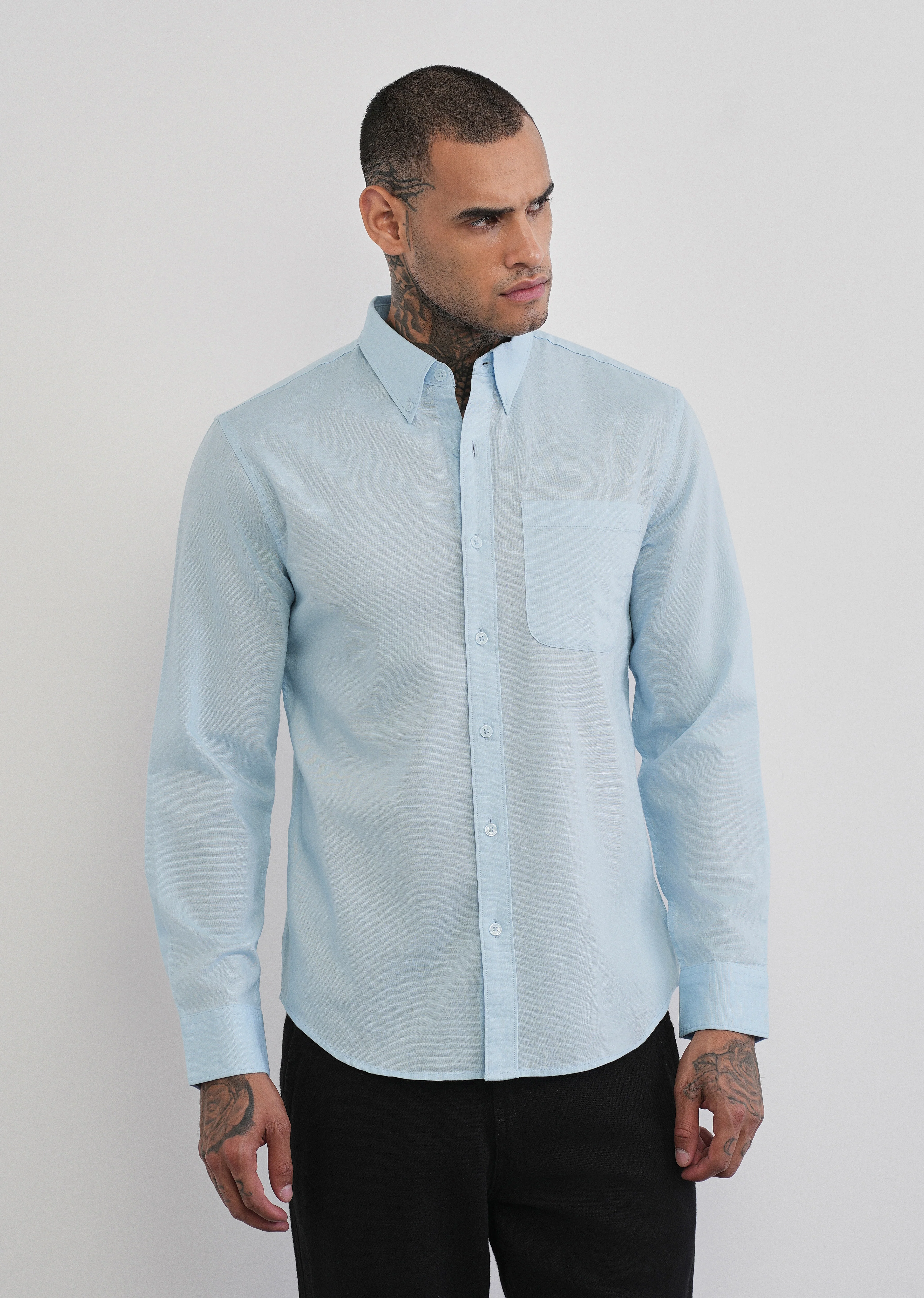 Light Blue Cotton Linen Plain Shirt - Image 3