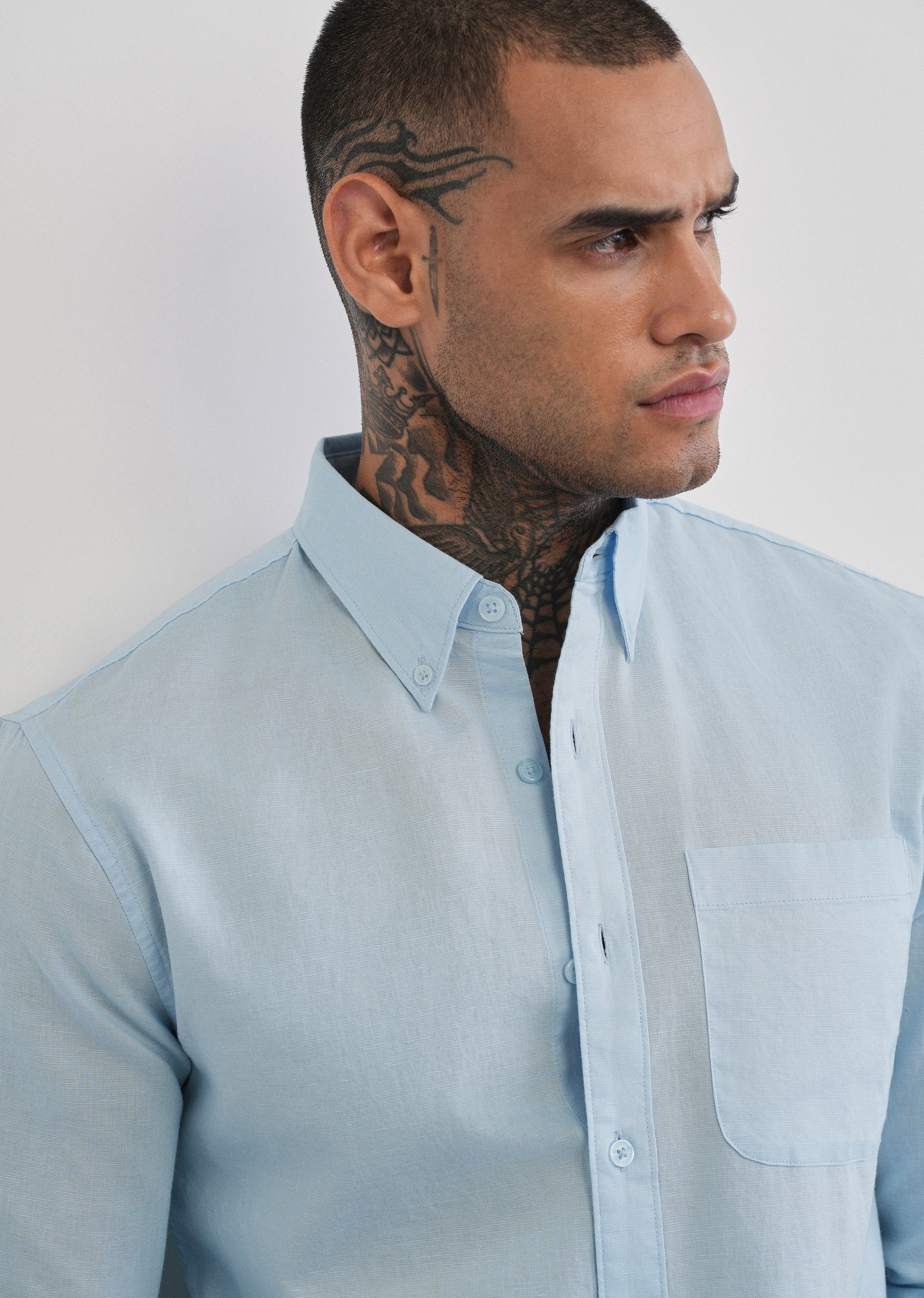 Light Blue Cotton Linen Plain Shirt - Image 5