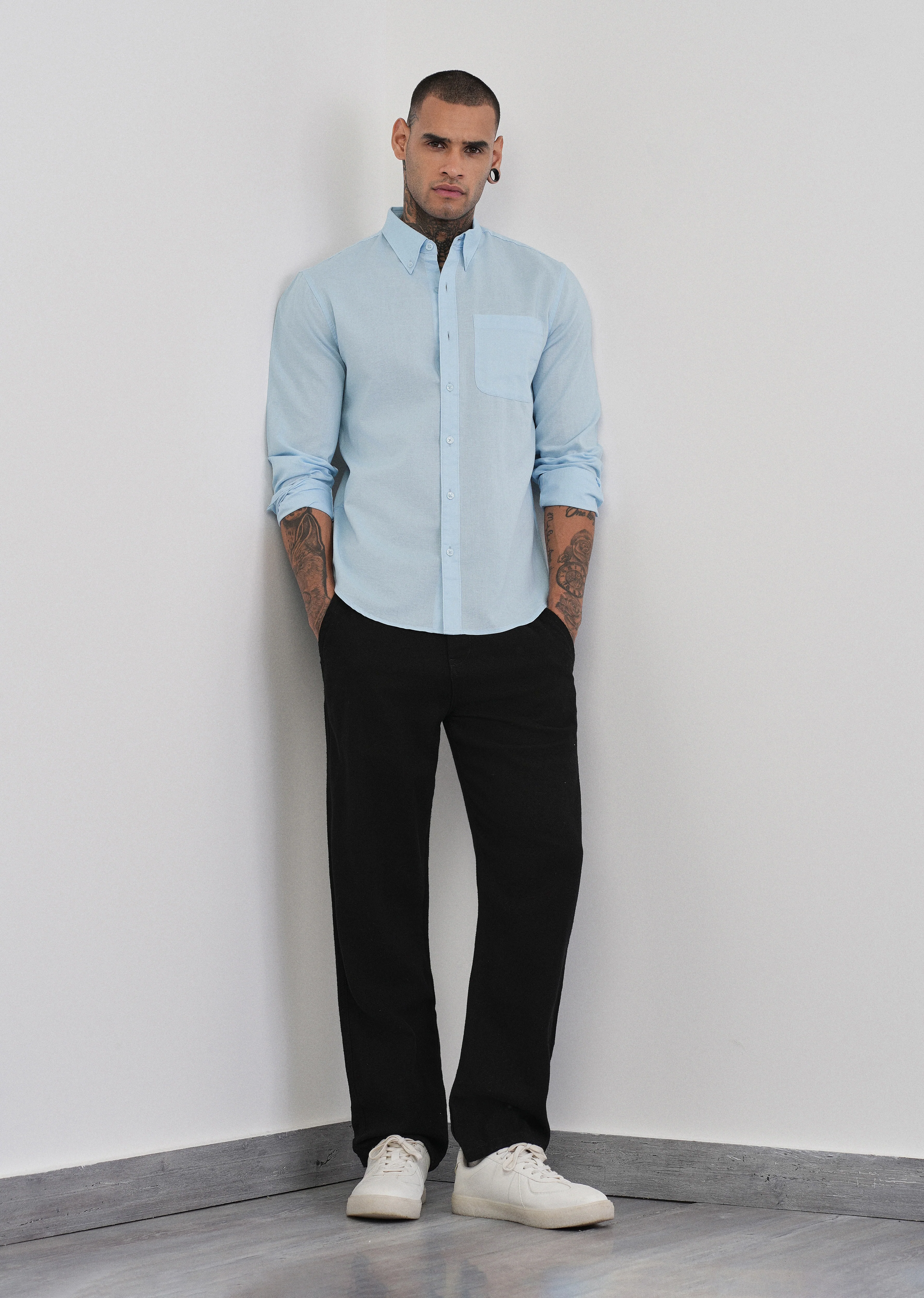 Light Blue Cotton Linen Plain Shirt - Image 6