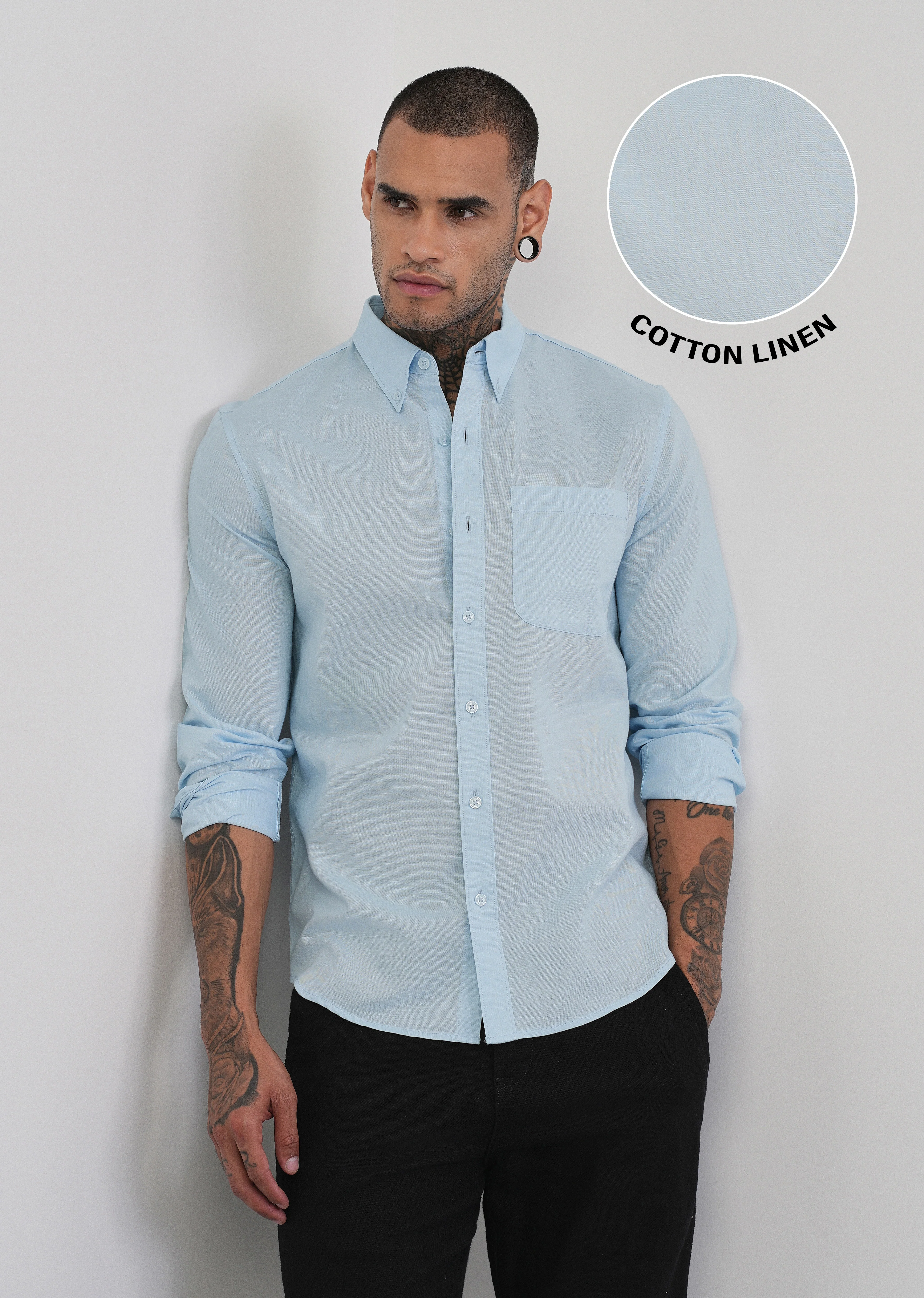 Light Blue Cotton Linen Plain Shirt - Image 7