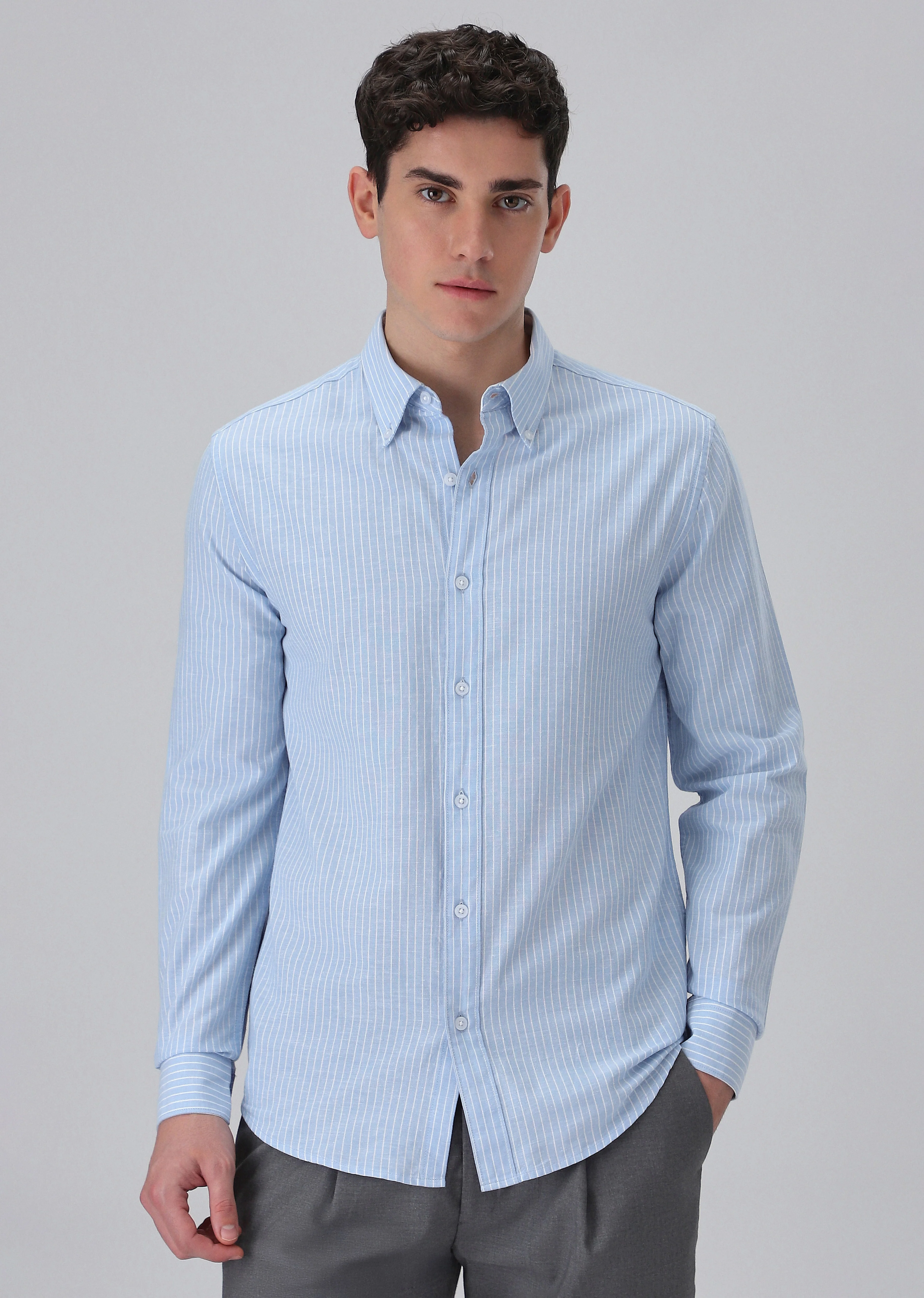 Light Blue Cotton Pin Stripe Shirt - Image 3