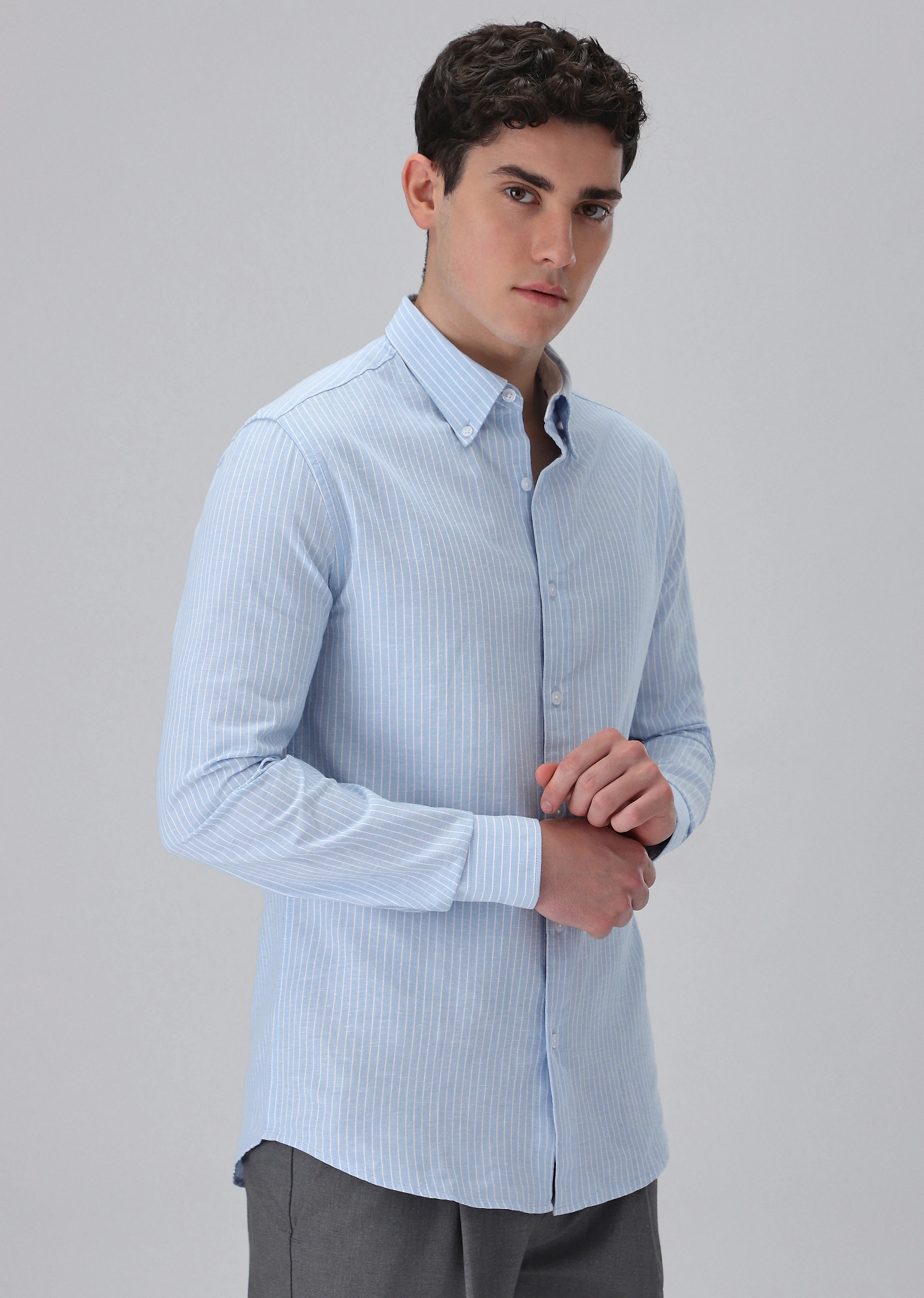 Light Blue Cotton Pin Stripe Shirt - Image 5