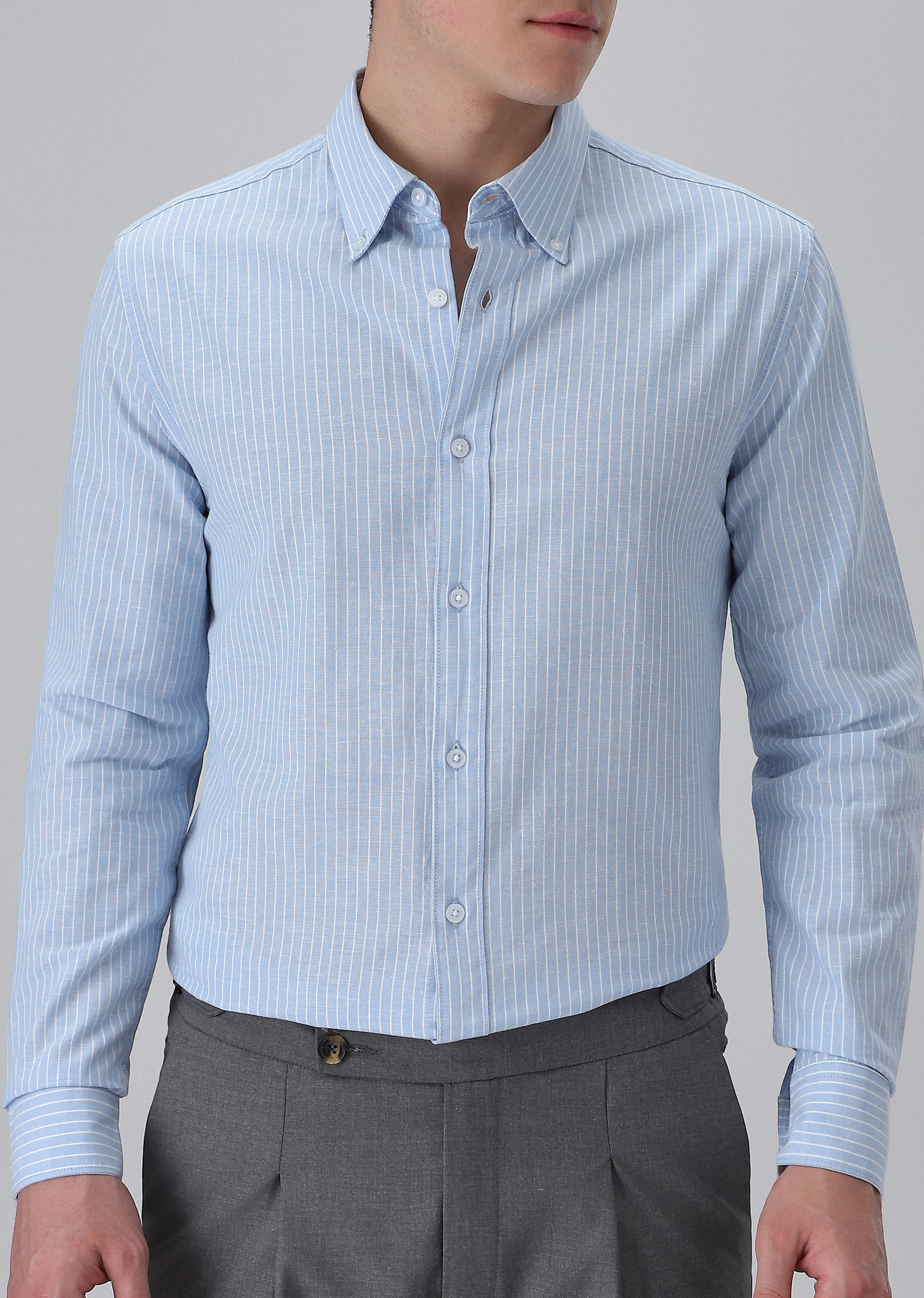 Light Blue Cotton Pin Stripe Shirt - Image 7