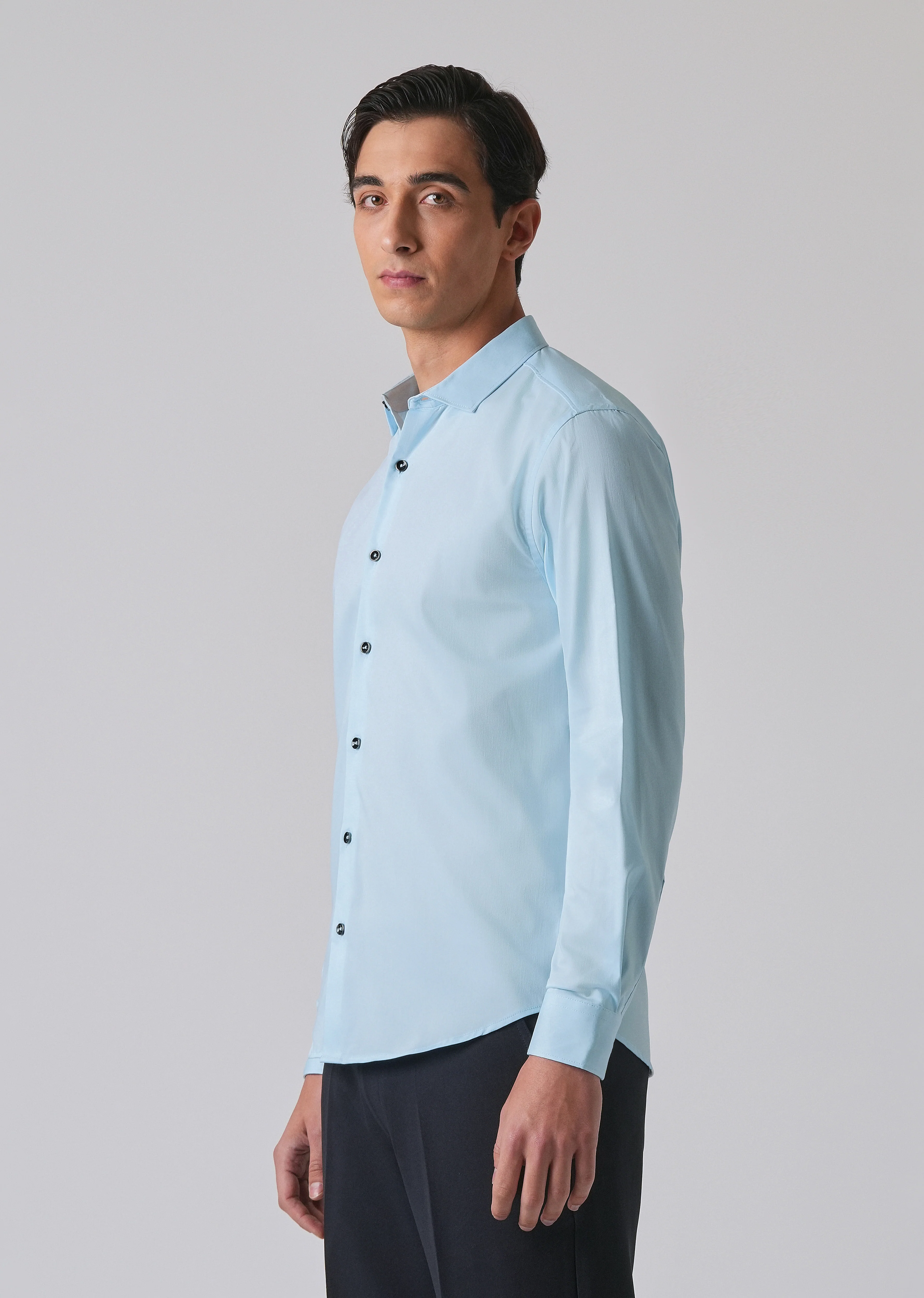 Light Blue Cotton Stretch Plain Shirt - Image 4