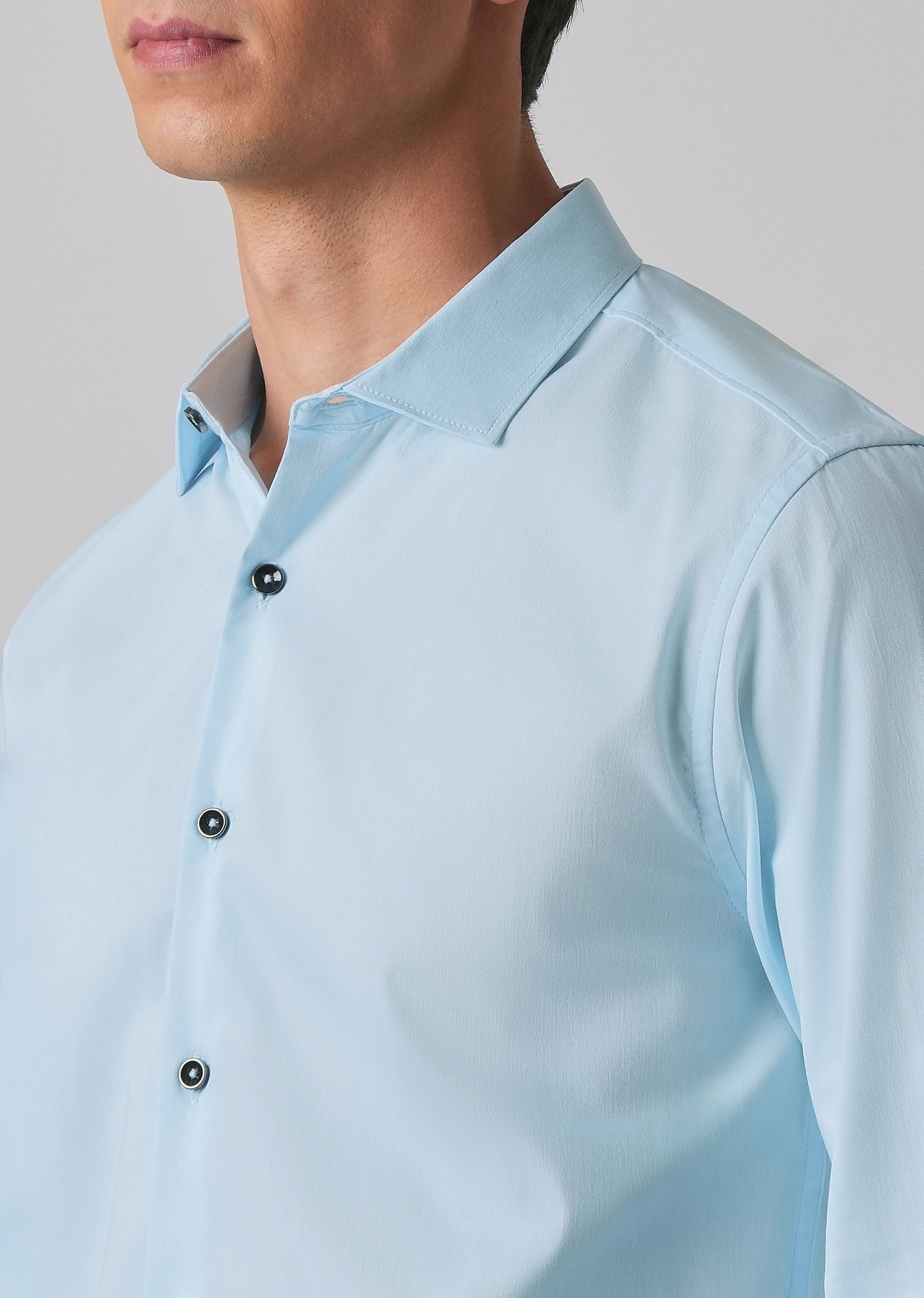 Light Blue Cotton Stretch Plain Shirt - Image 5