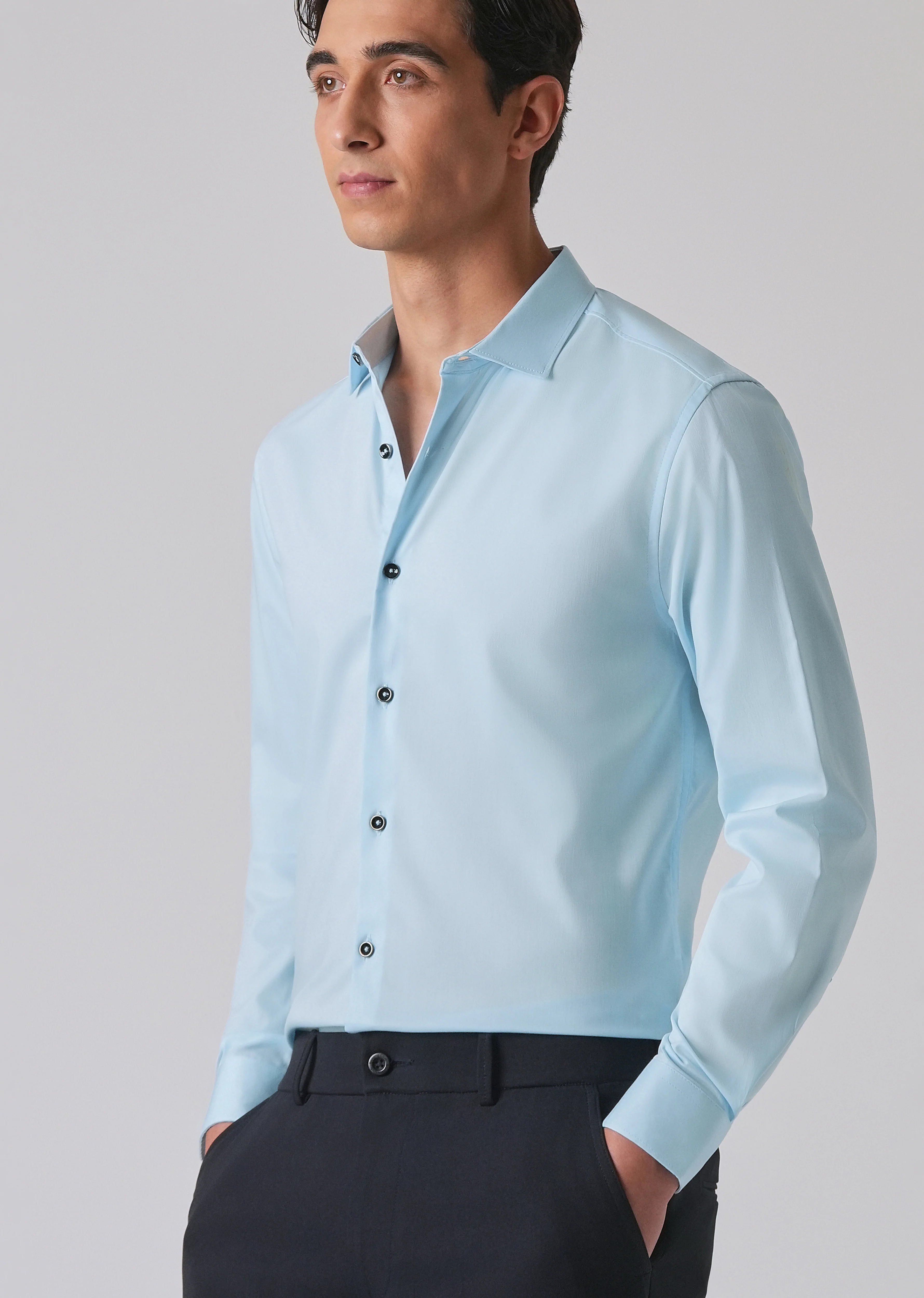 Light Blue Cotton Stretch Plain Shirt - Image 7