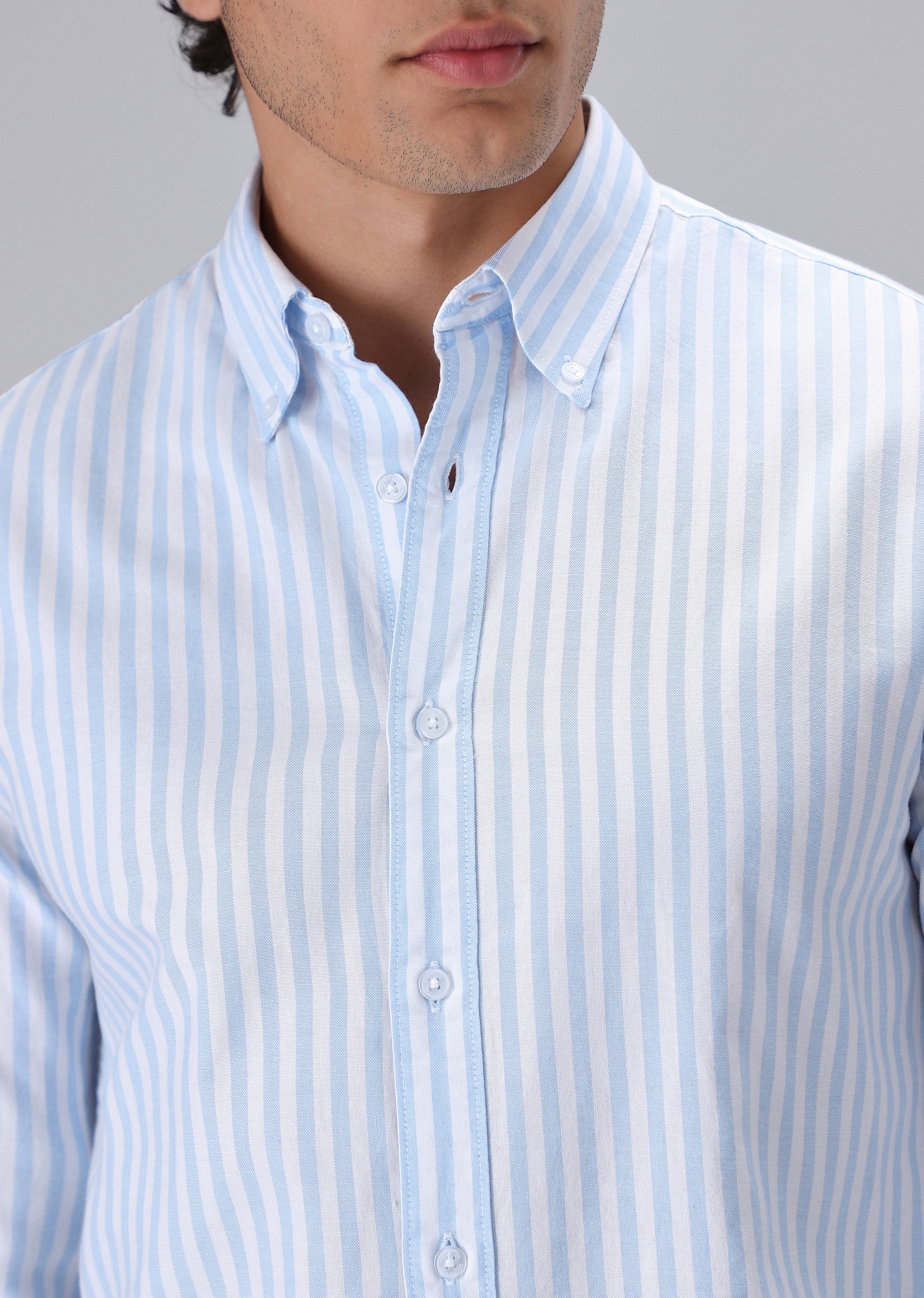 Light Blue Cotton Oxford Stripe Shirt - Image 2