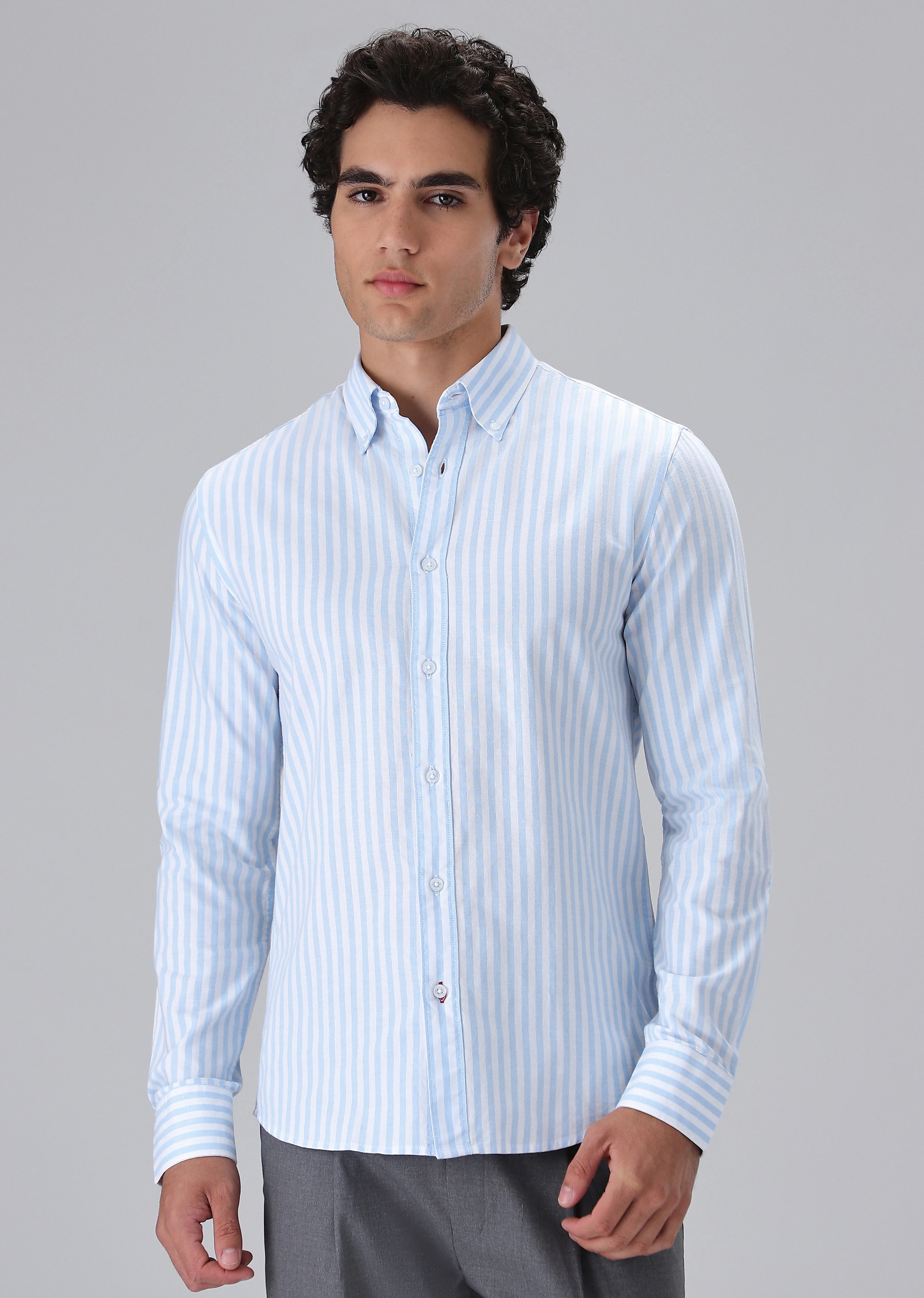 Light Blue Cotton Oxford Stripe Shirt - Image 3