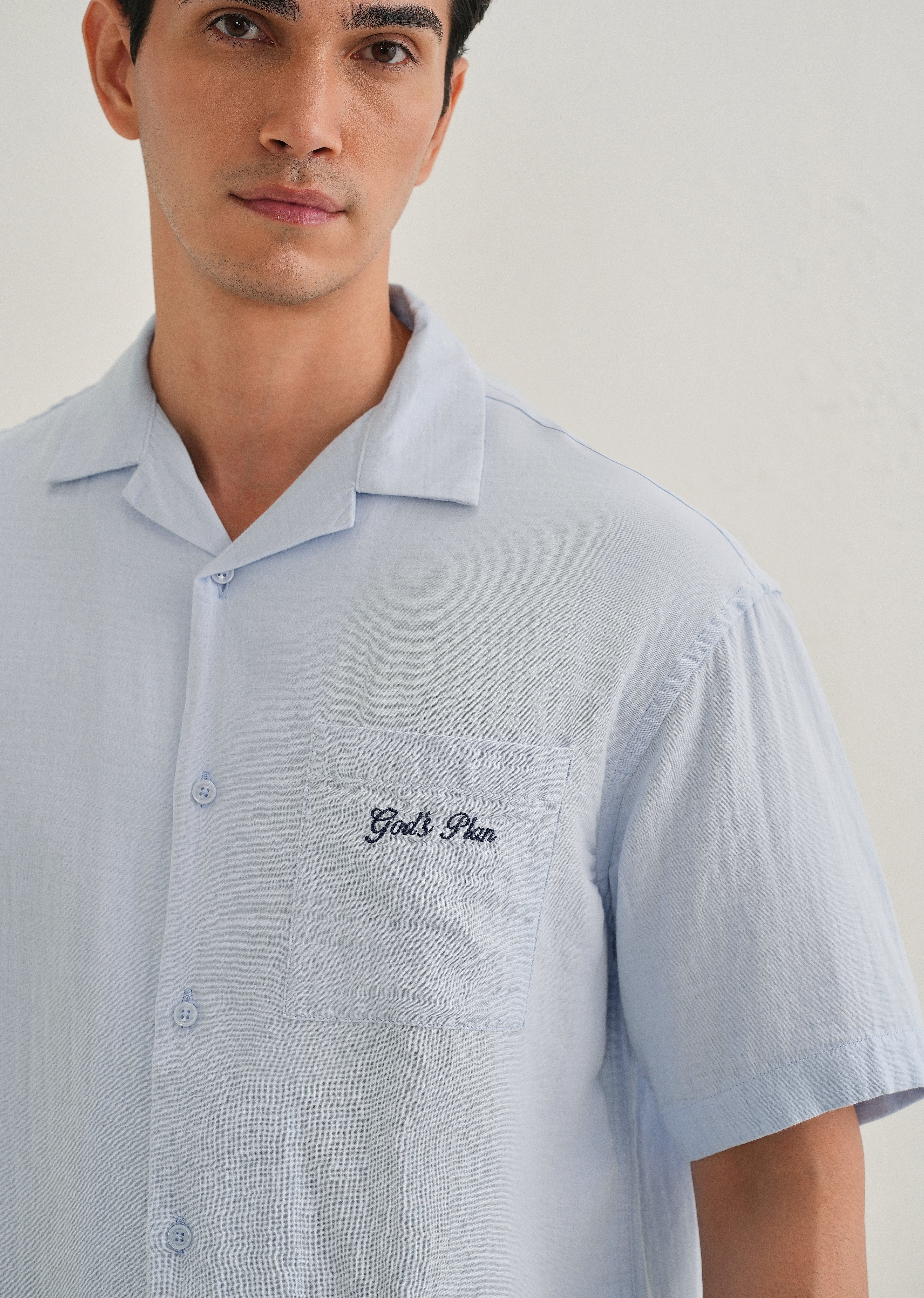 Light Blue Embroidered Double Cloth Cotton Shirt - Image 6