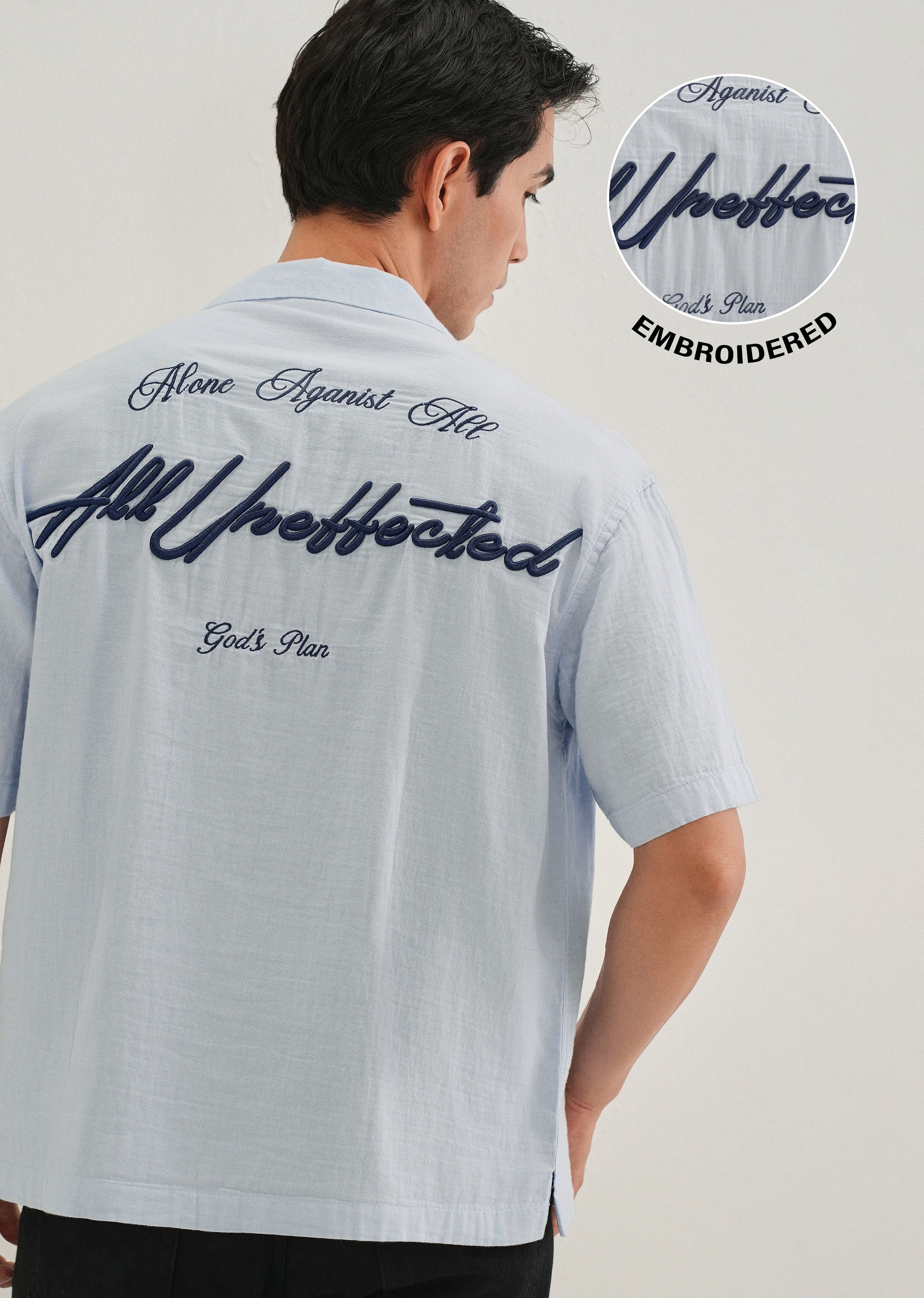Light Blue Embroidered Double Cloth Cotton Shirt - Image 8