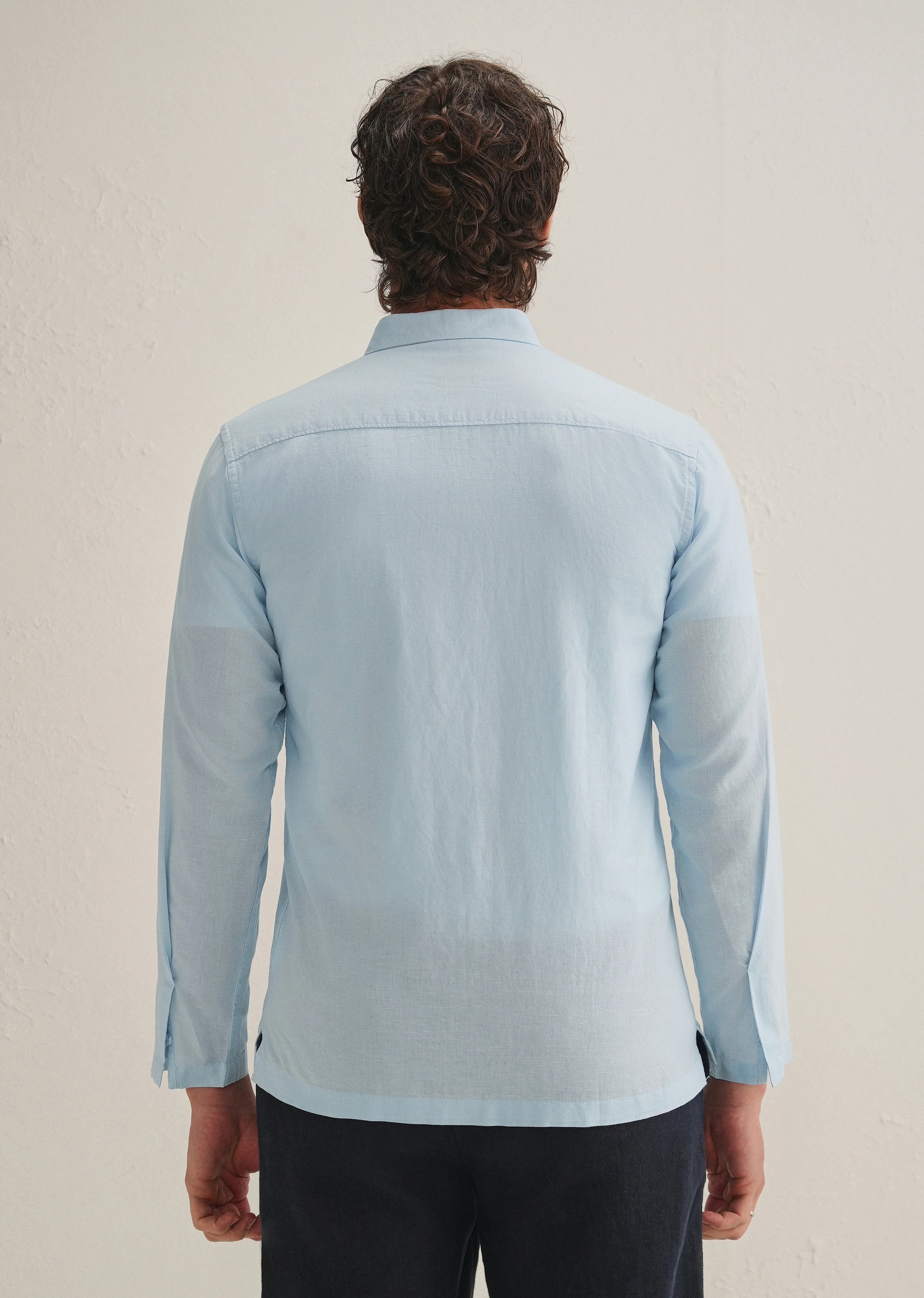 Light Blue Hidden Sleeve Placket Cotton Linen Shirt - Image 5