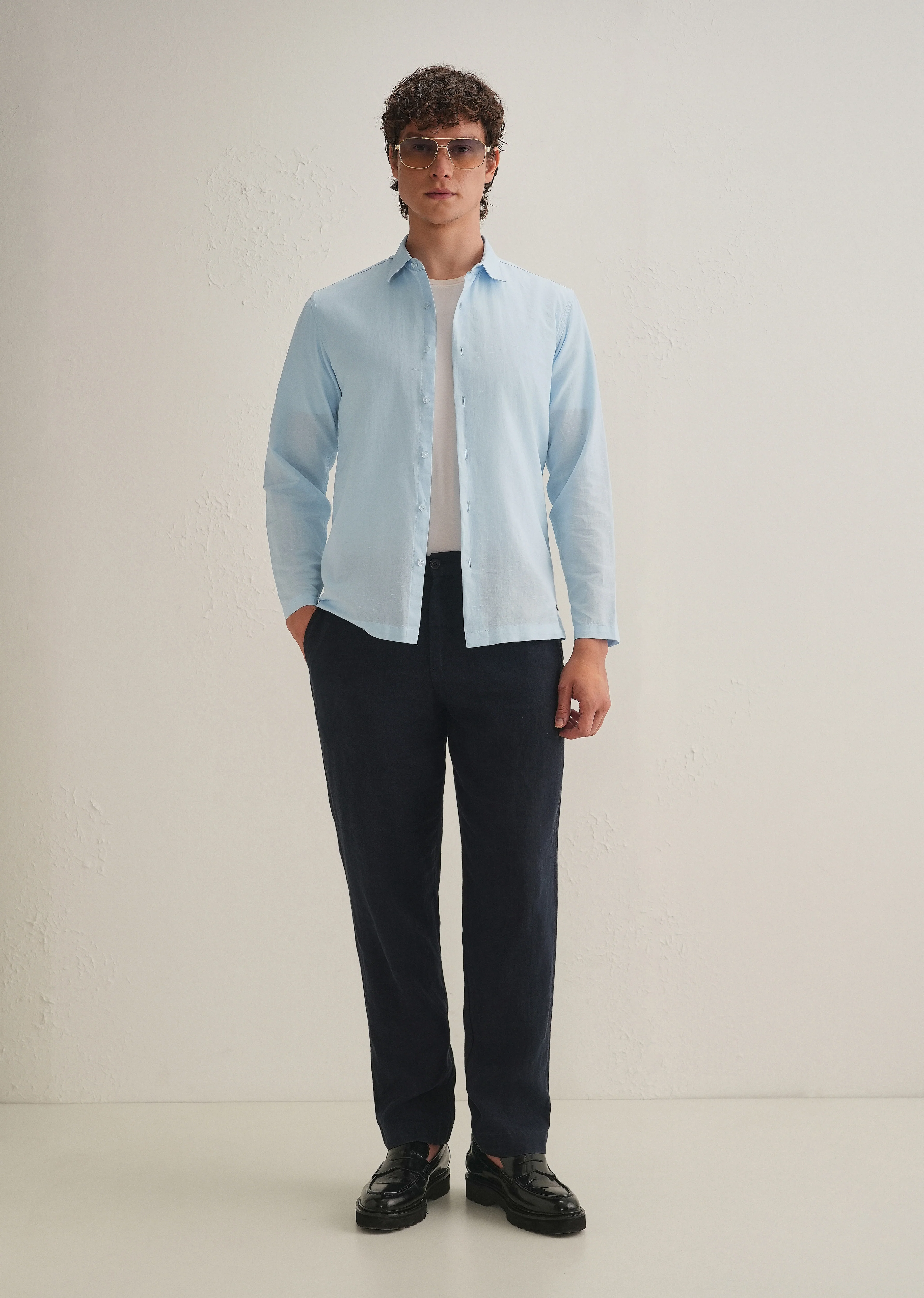 Light Blue Hidden Sleeve Placket Cotton Linen Shirt - Image 9