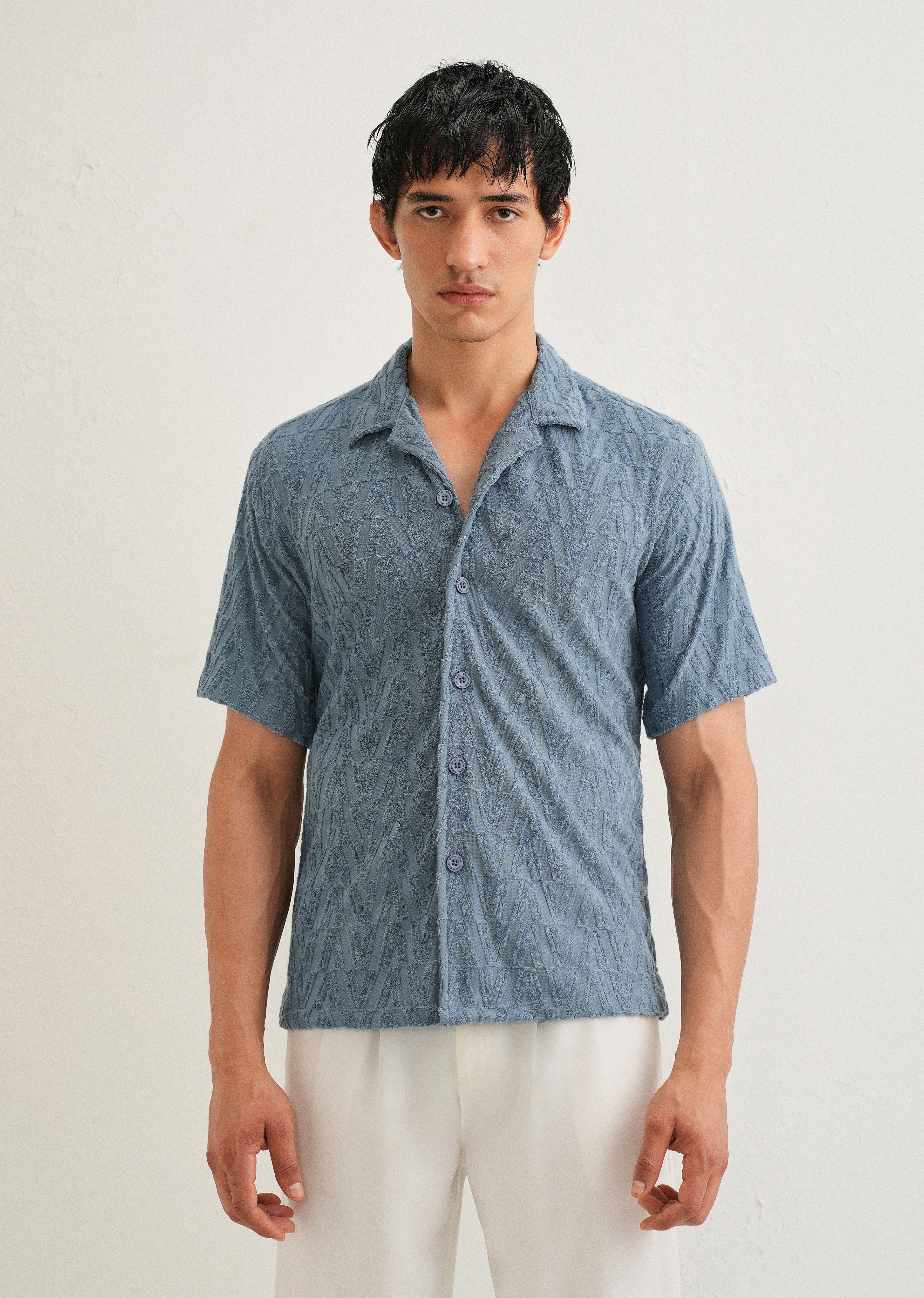 Light Blue Jacquard Knitted Shirt - Image 3