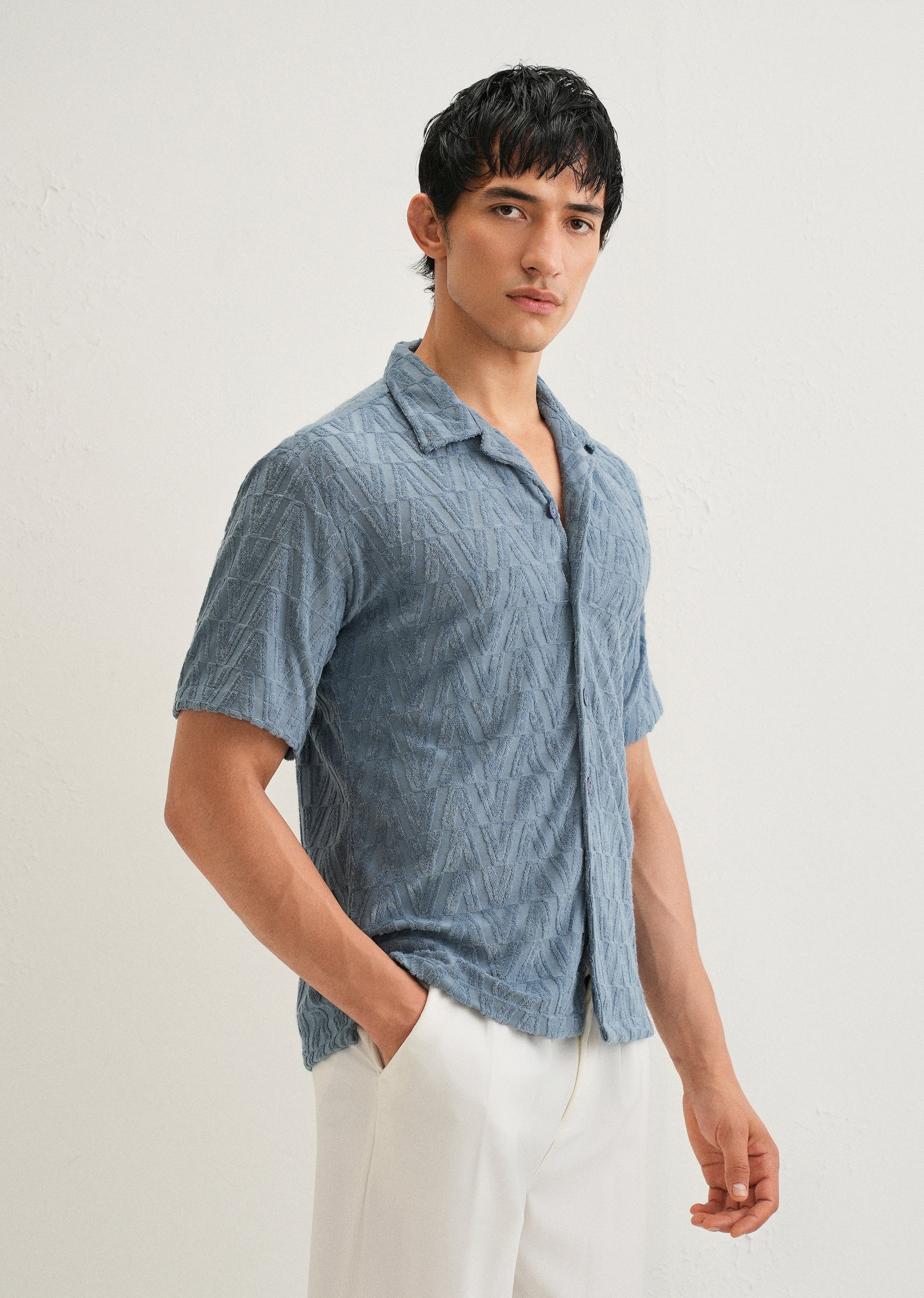 Light Blue Jacquard Knitted Shirt - Image 4