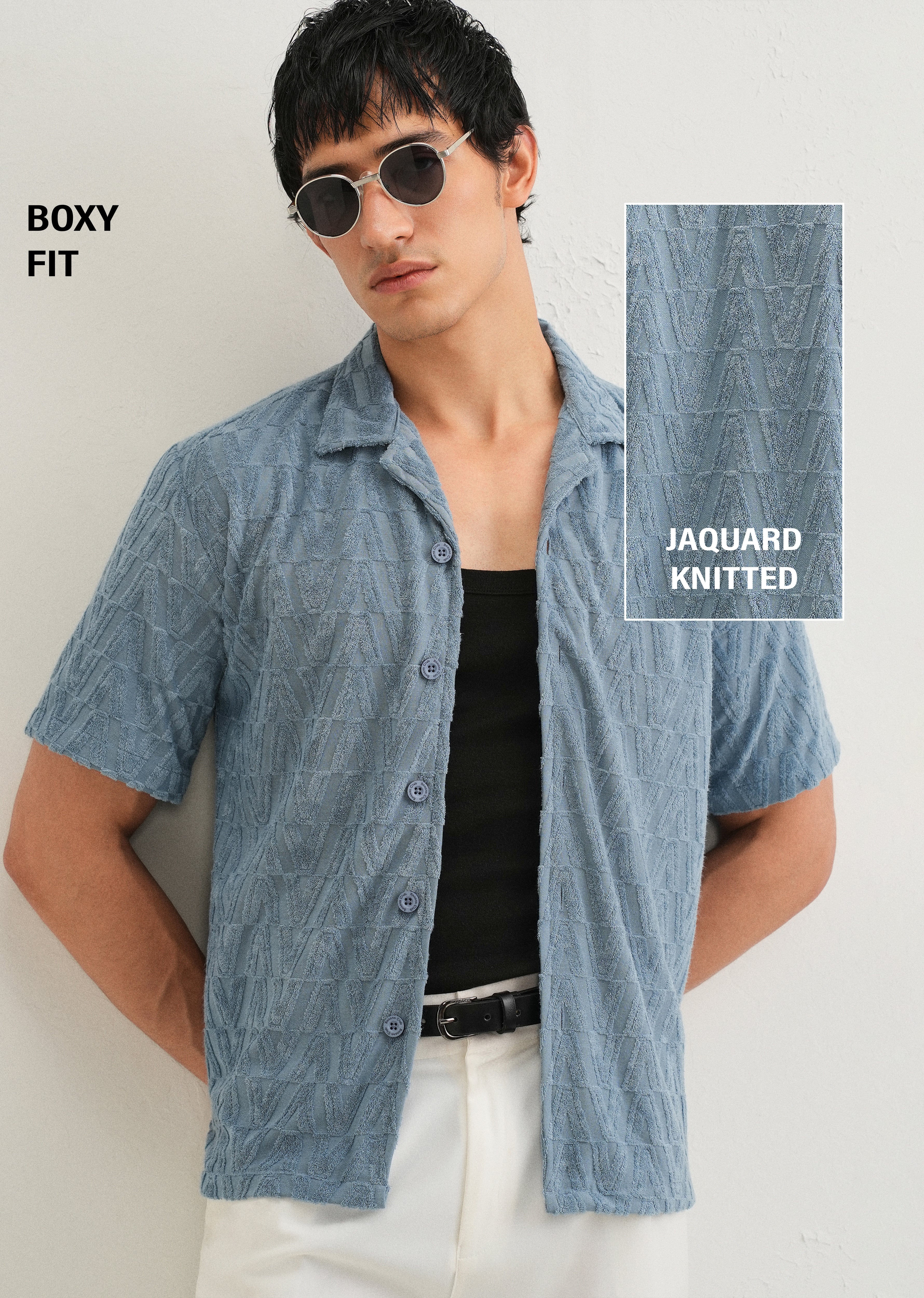 Light Blue Jacquard Knitted Shirt - Image 7