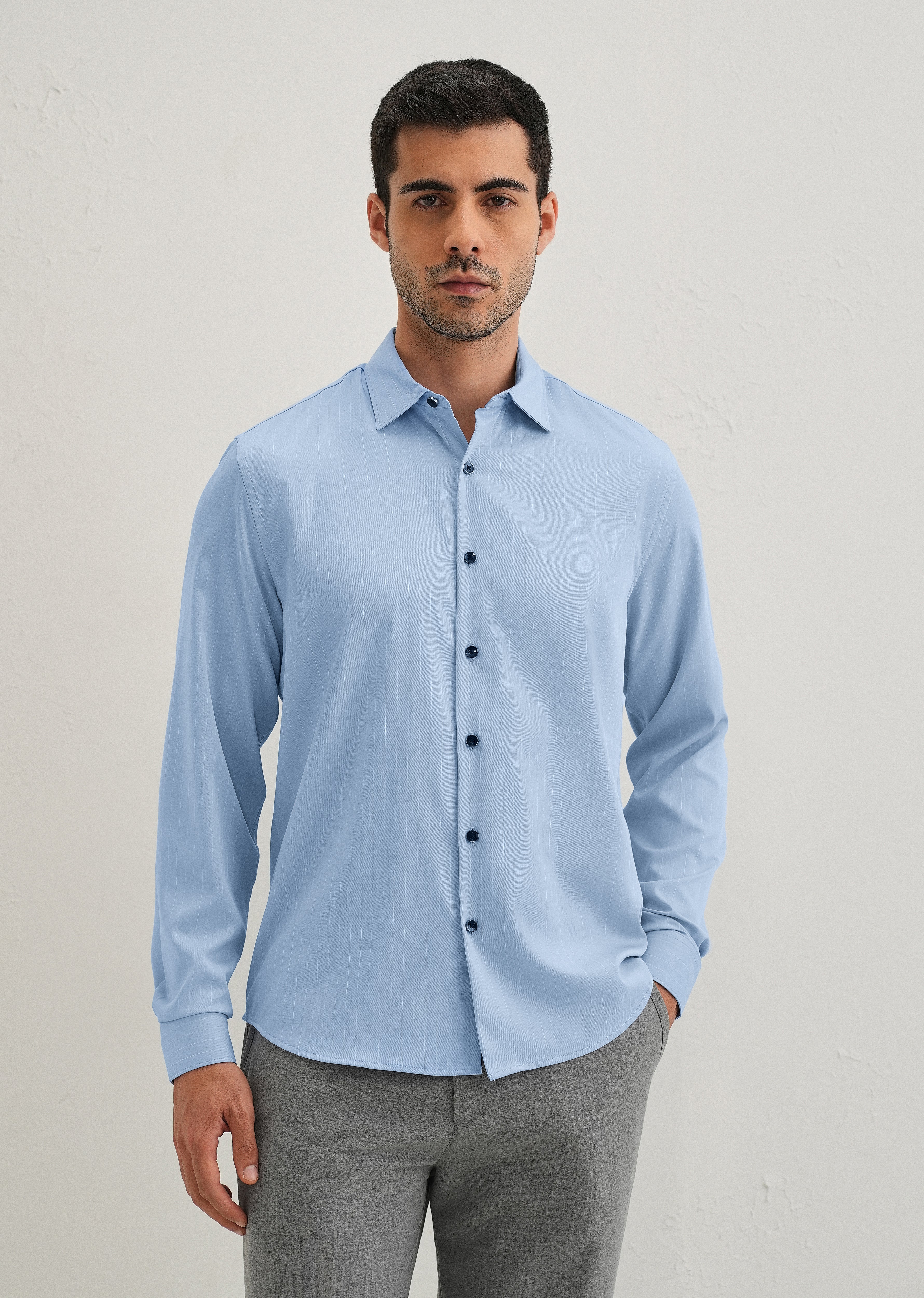 Light Blue Pin Striped Wrinkle Free Shirt - Image 4