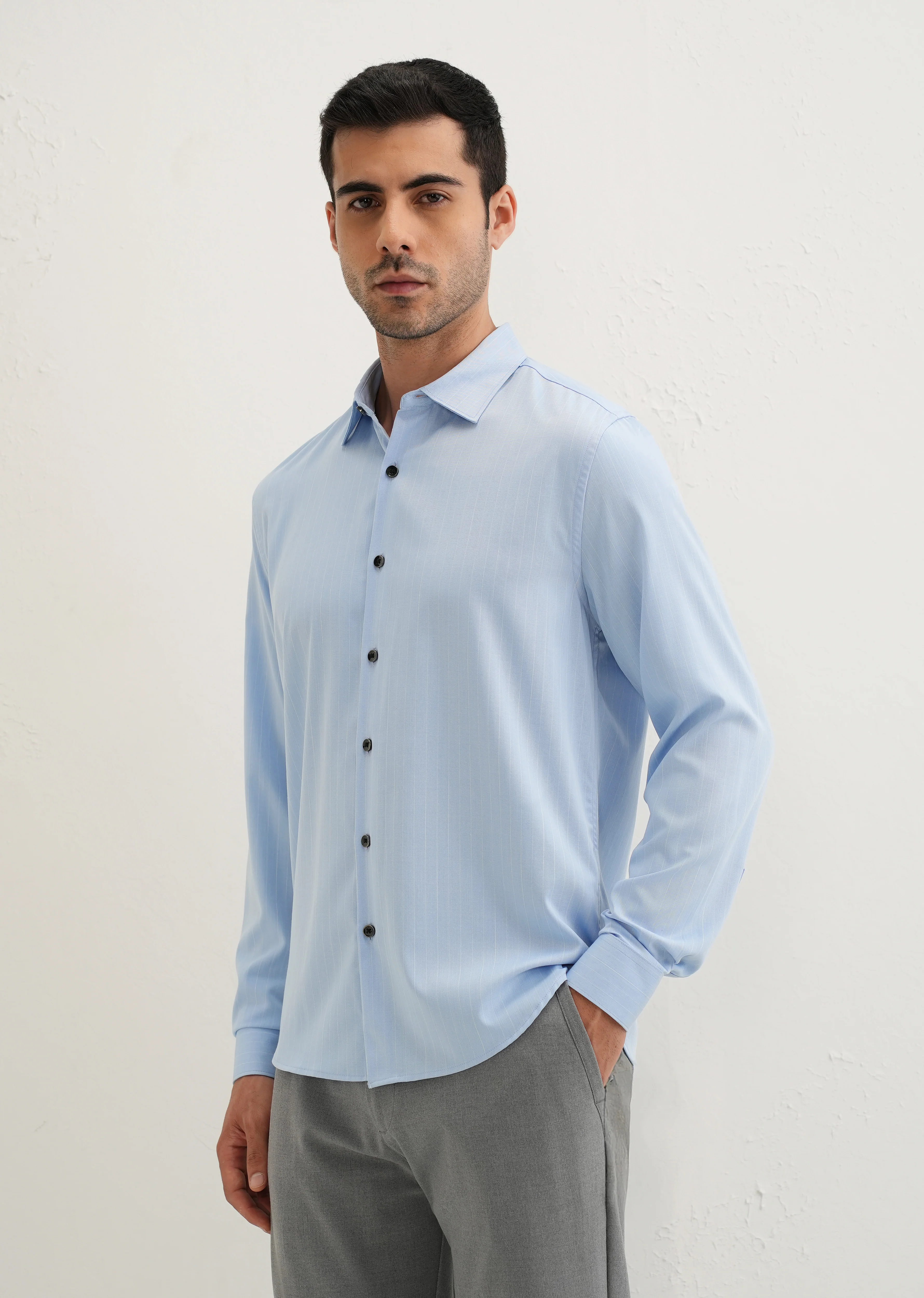 Light Blue Pin Striped Wrinkle Free Shirt - Image 6