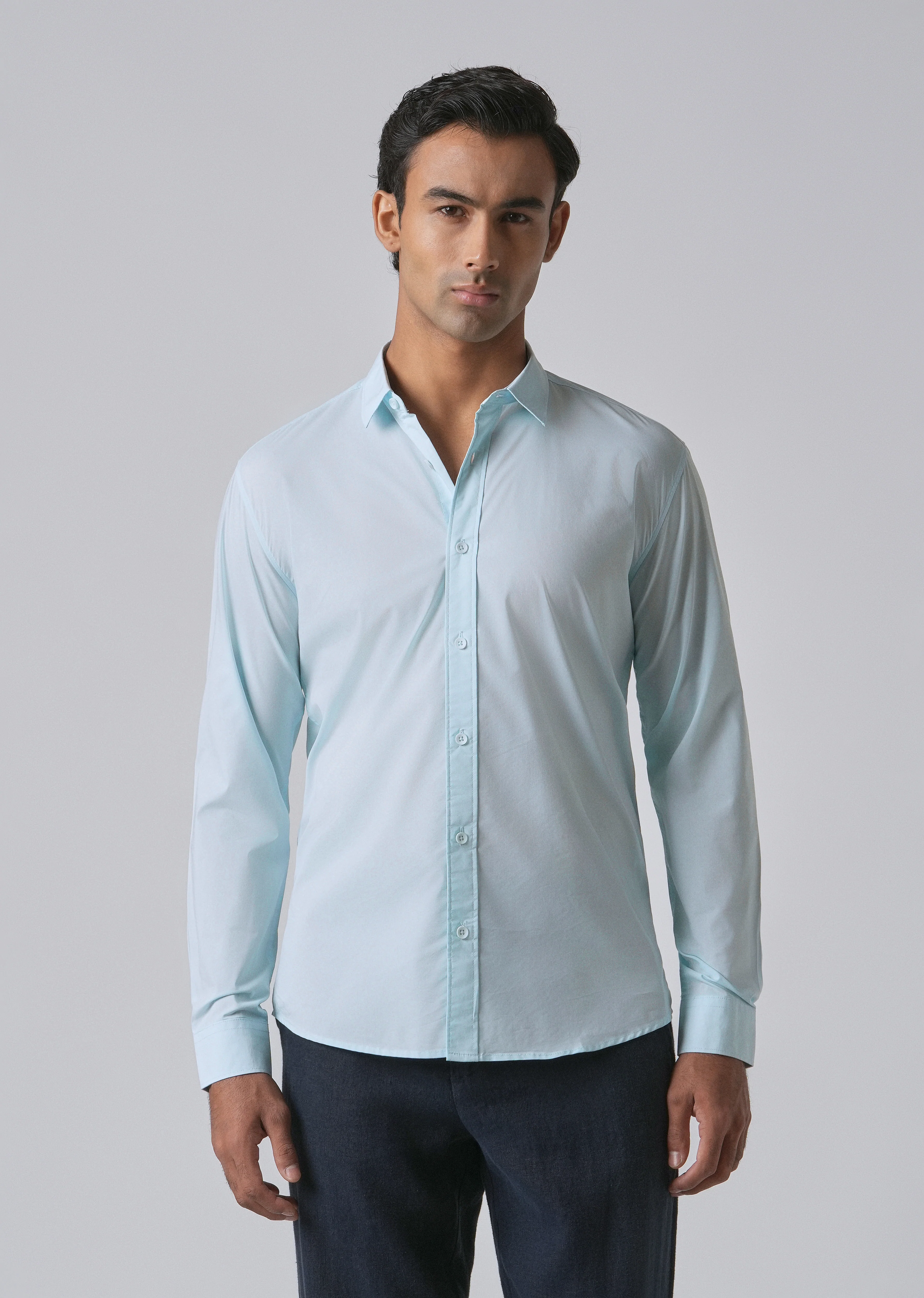 Light Blue Plain Blended Cotton Shirt - Image 3