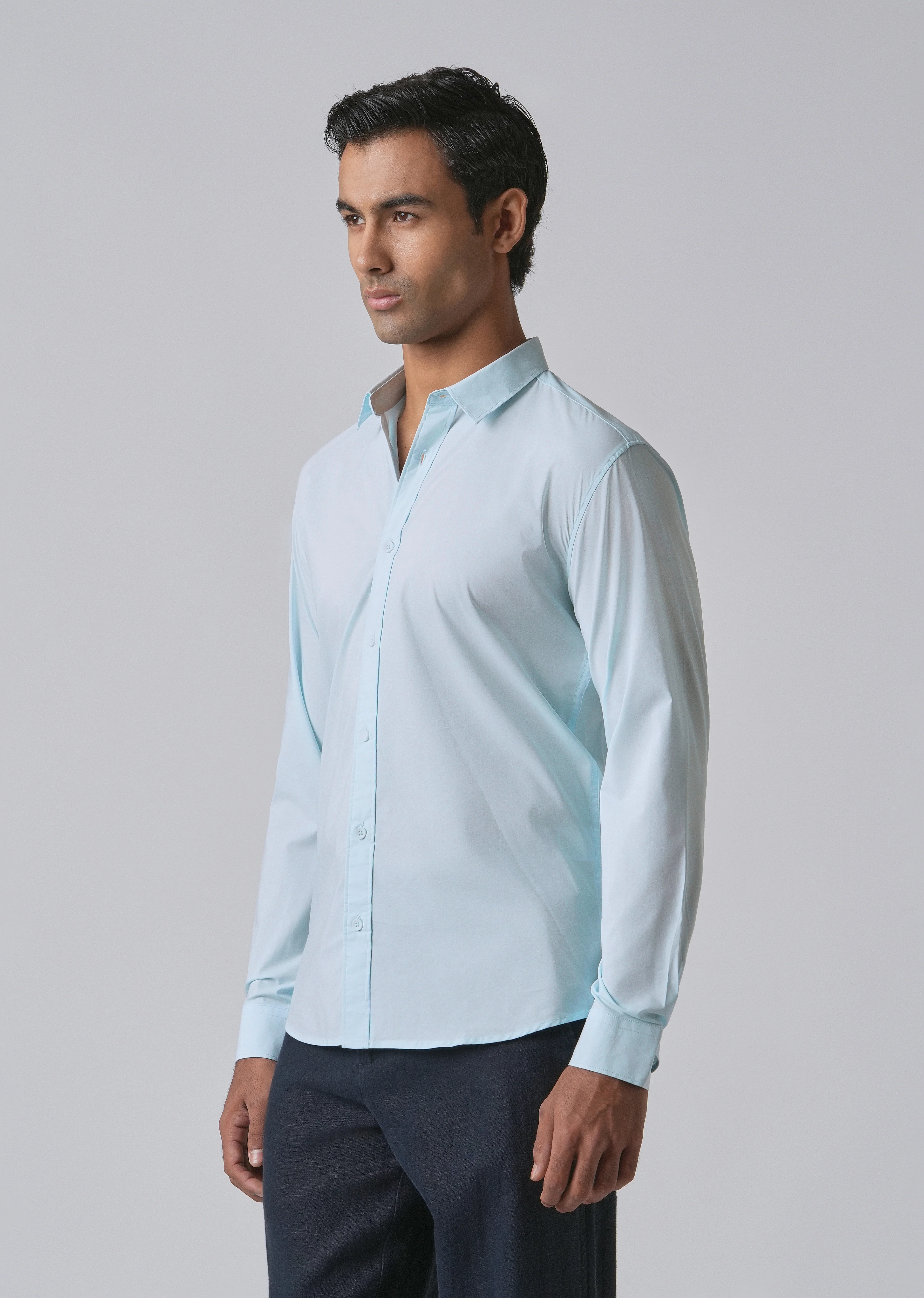 Light Blue Plain Blended Cotton Shirt - Image 4