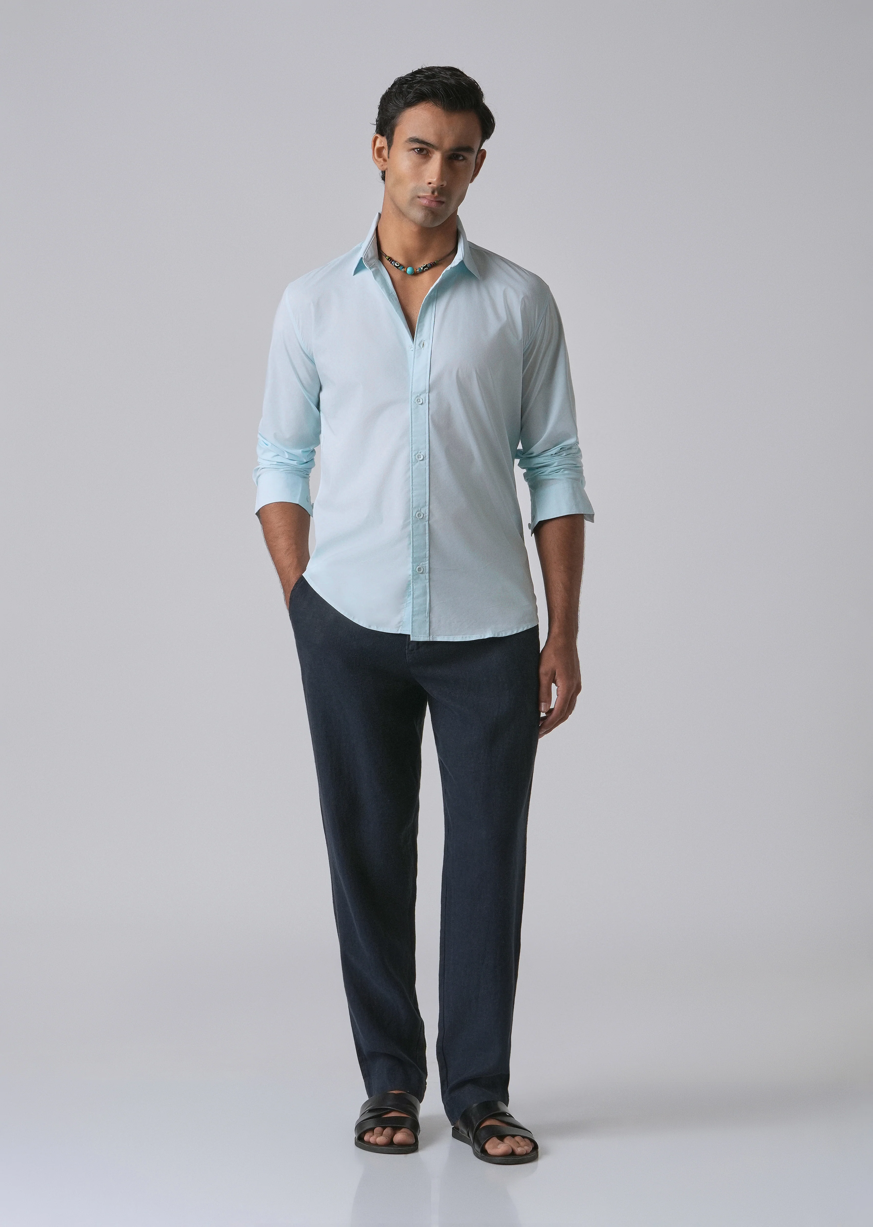 Light Blue Plain Blended Cotton Shirt - Image 6