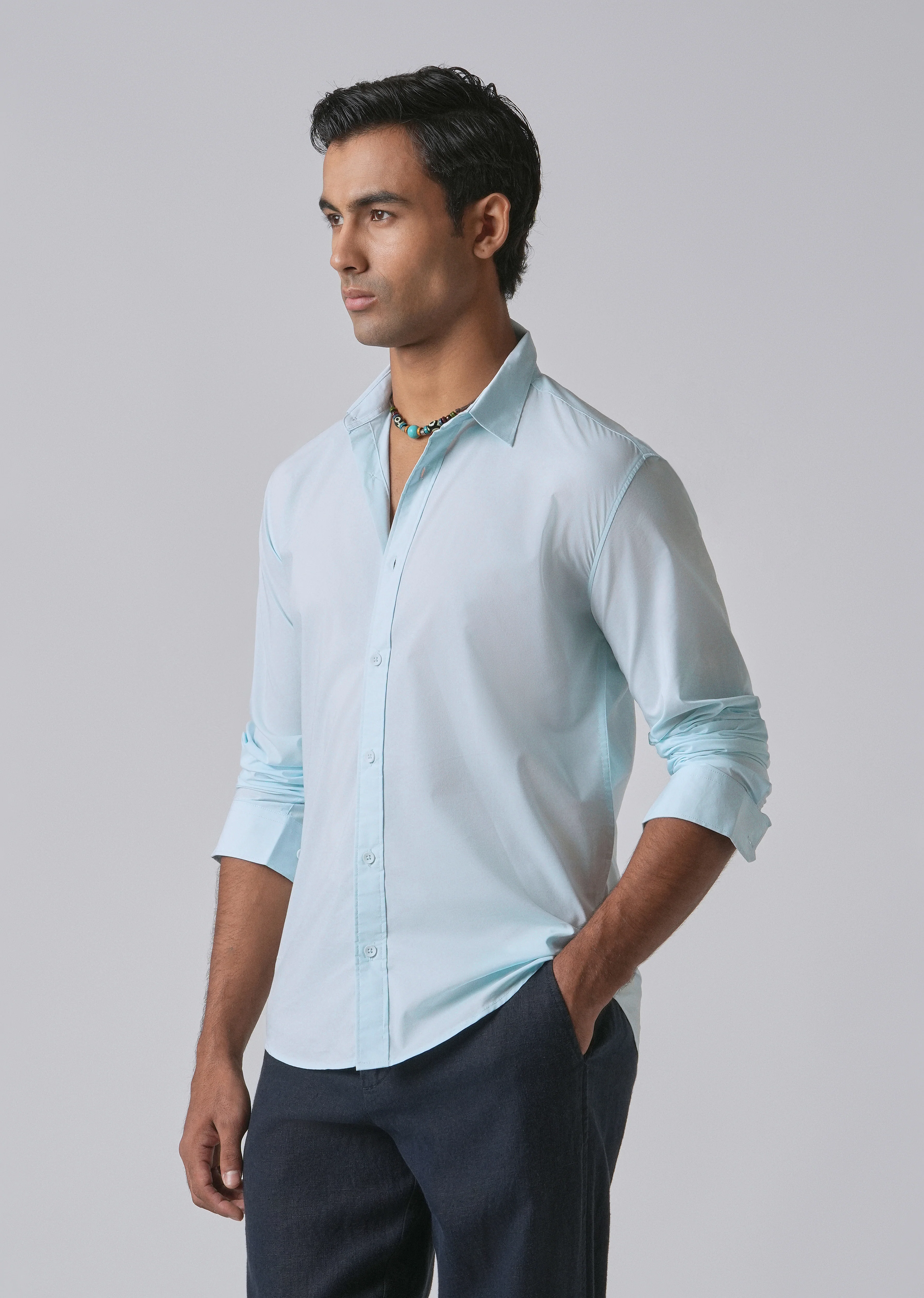 Light Blue Plain Blended Cotton Shirt - Image 7