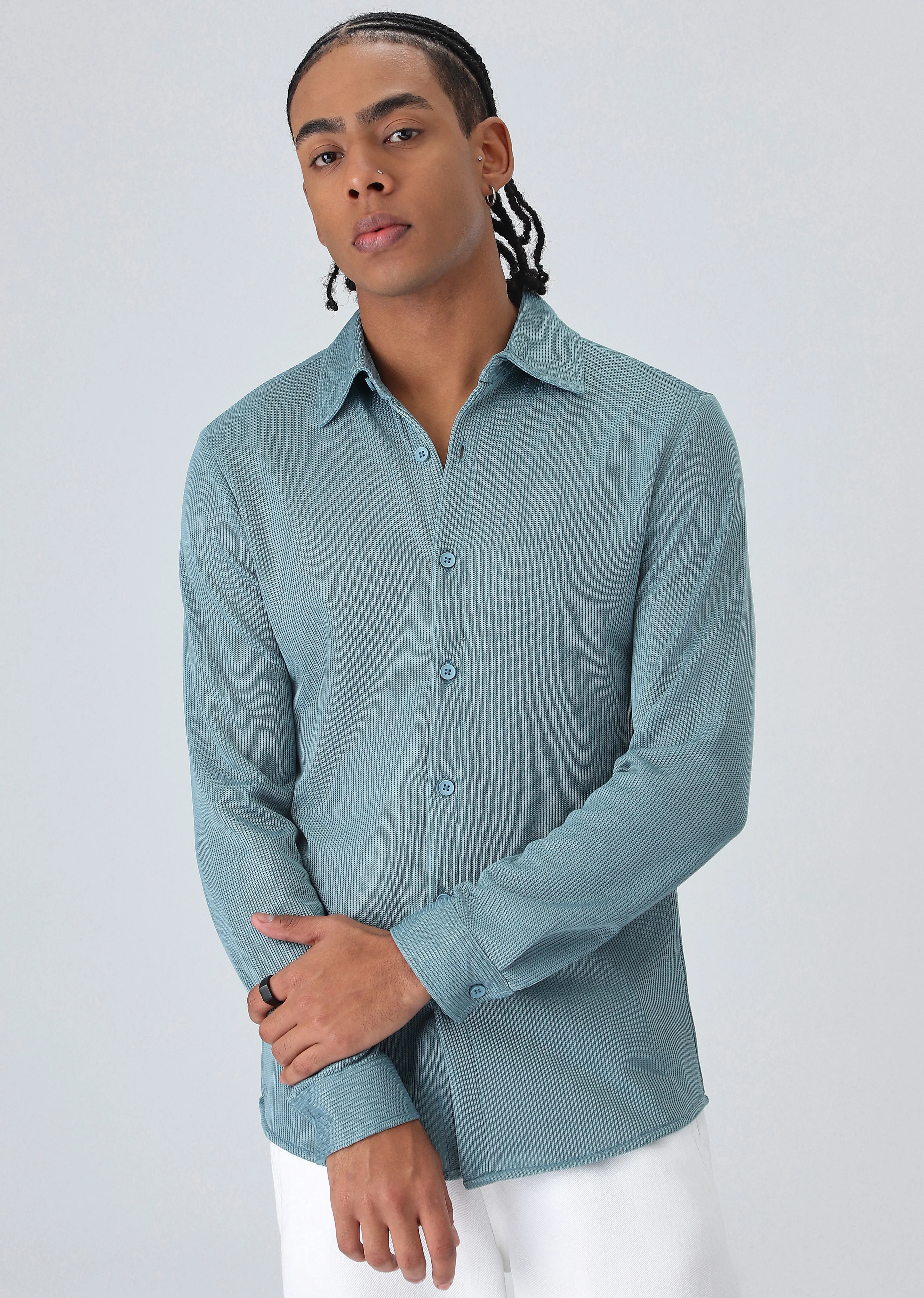 Light Blue Plain Knitted Shirt - Image 3