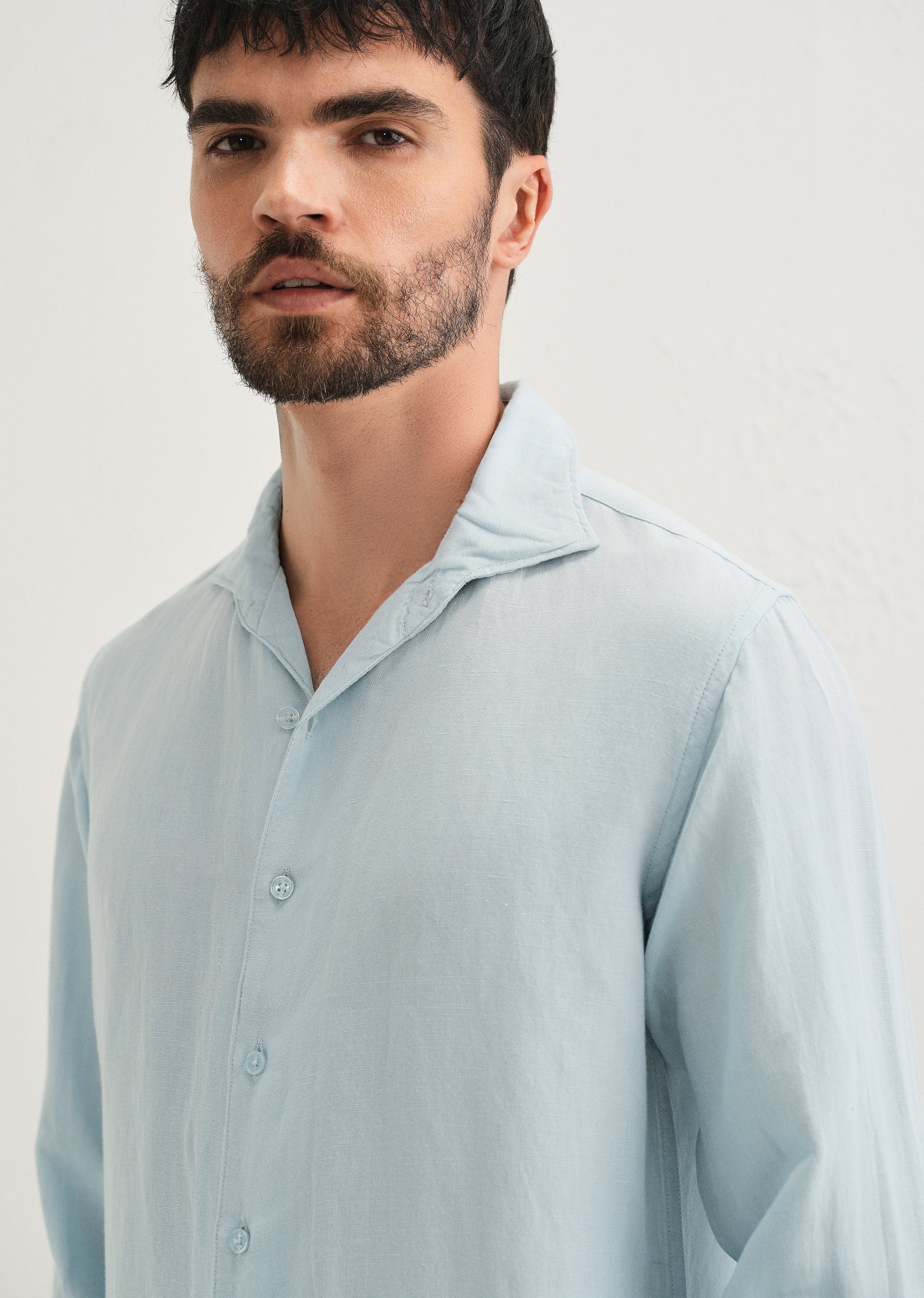 Light Blue Plain Linen Viscose Shirt - Image 2