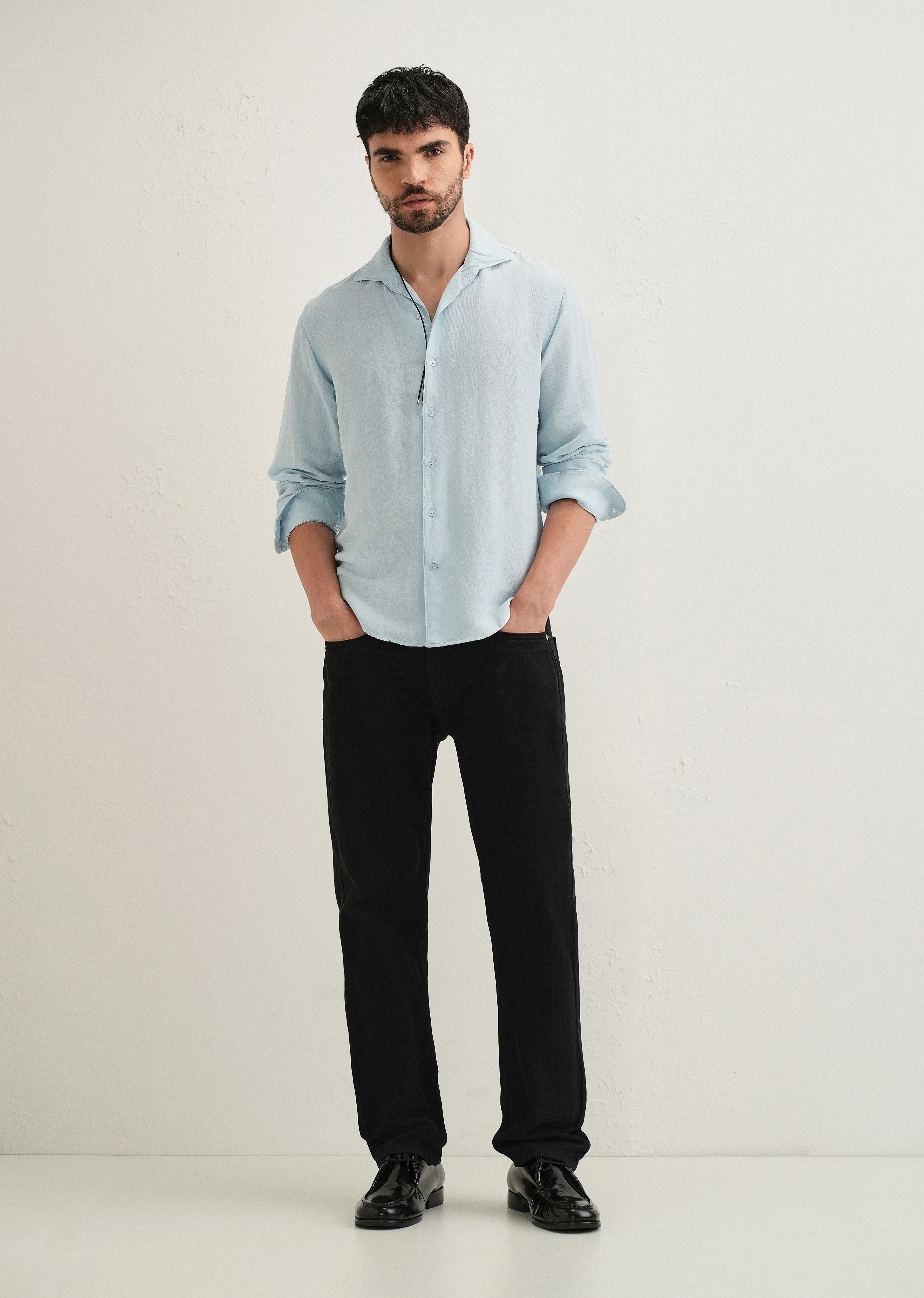 Light Blue Plain Linen Viscose Shirt - Image 6