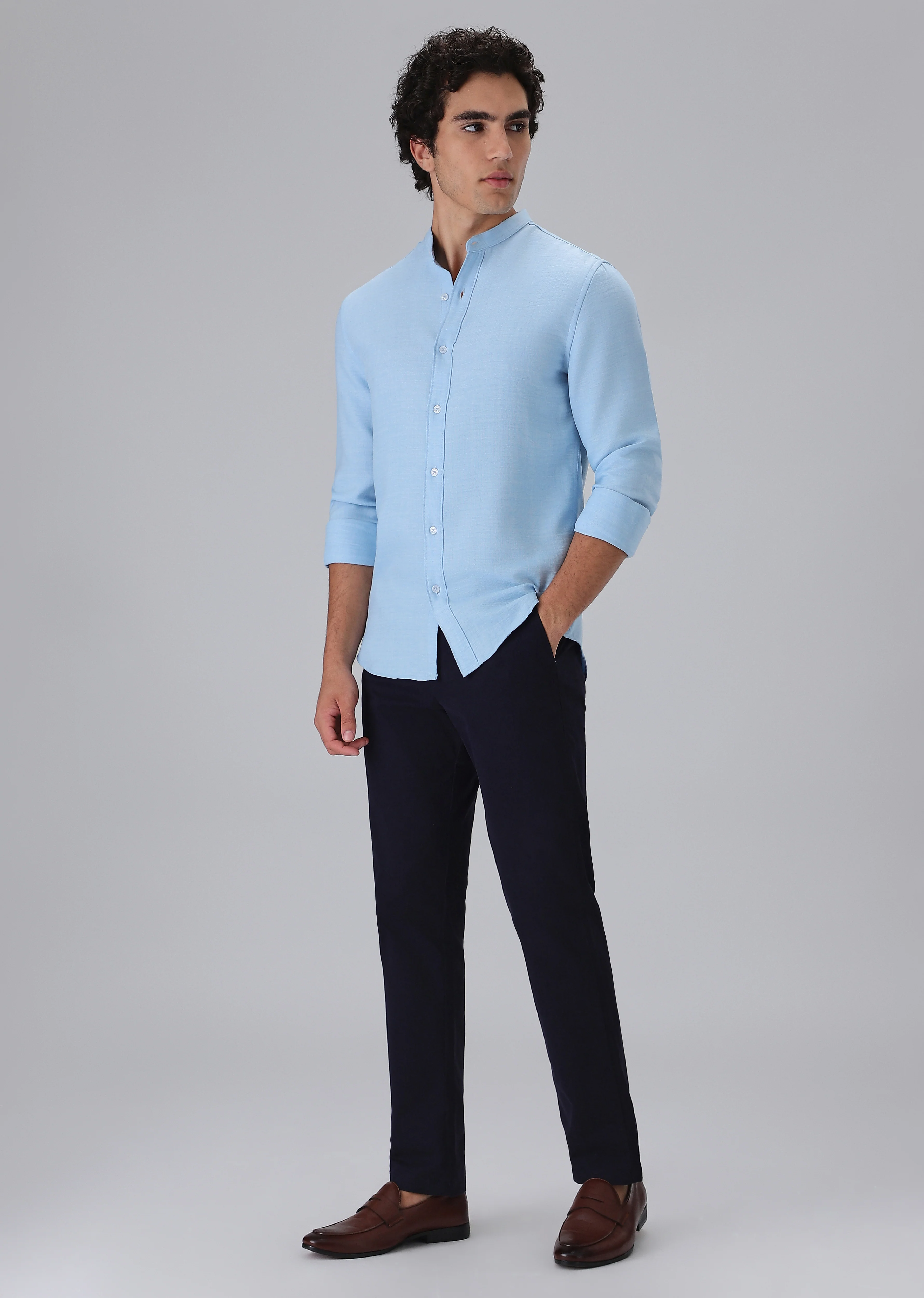 Light Blue Plain Mandarin Collar Shirt - Image 6